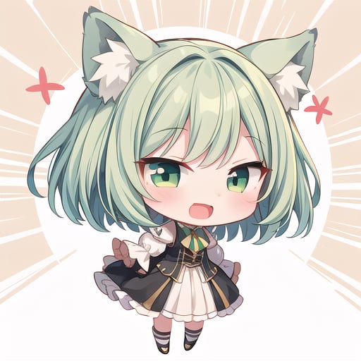 1girl, (chibi:1.4), smile, open mouth, dynamic angle, standing, animal ear, green hair, 