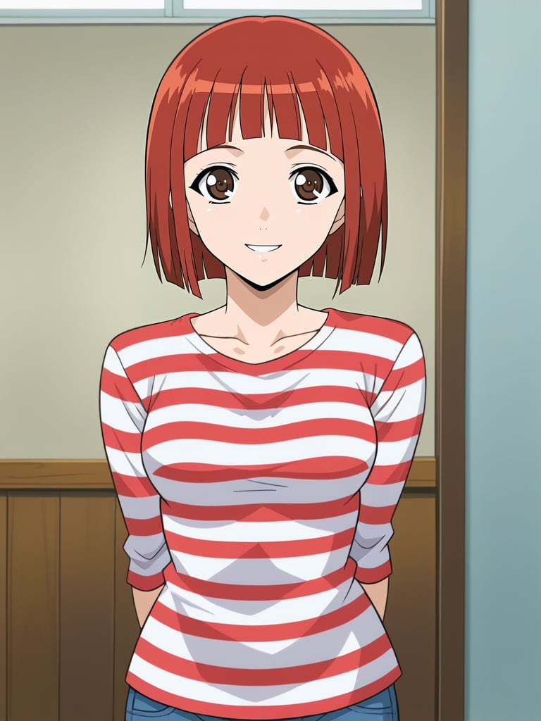 <lora:Mizuho_Shinozaki-Hitozuma_Ryoujoku_Sankanbi:0.8>,Mizuho,1girl,solo,red hair,brown eyes,short hair,blunt bangs,medium breasts,striped shirt,denim,arms behind back,cowboy shot,looking at viewer,indoors,smile