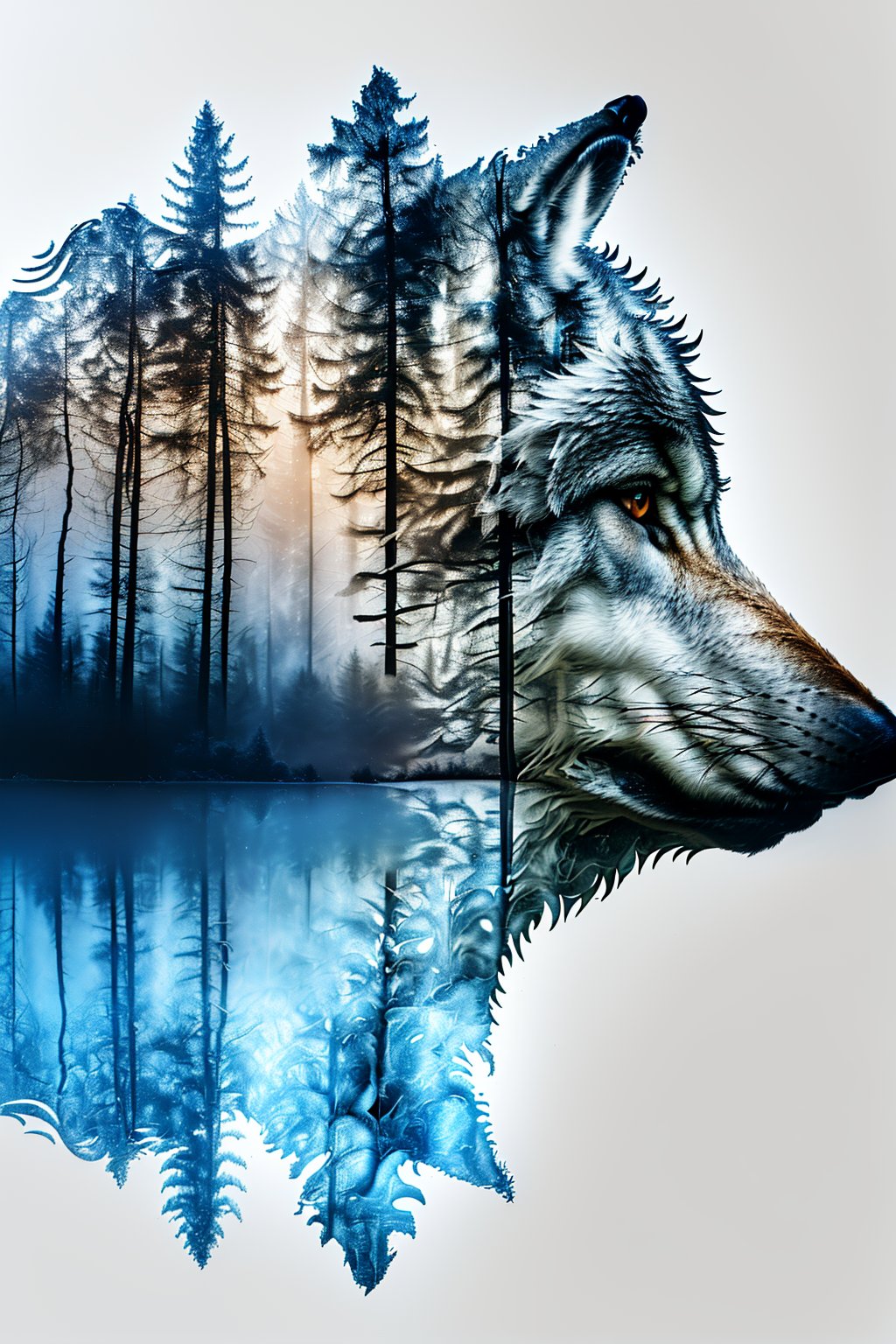 jianying01,tree,realistic,wolf,profile,solo,white background,lips,reflection,nature,simple background,forest,from side,<lora:jinying01-双影:0.8>,