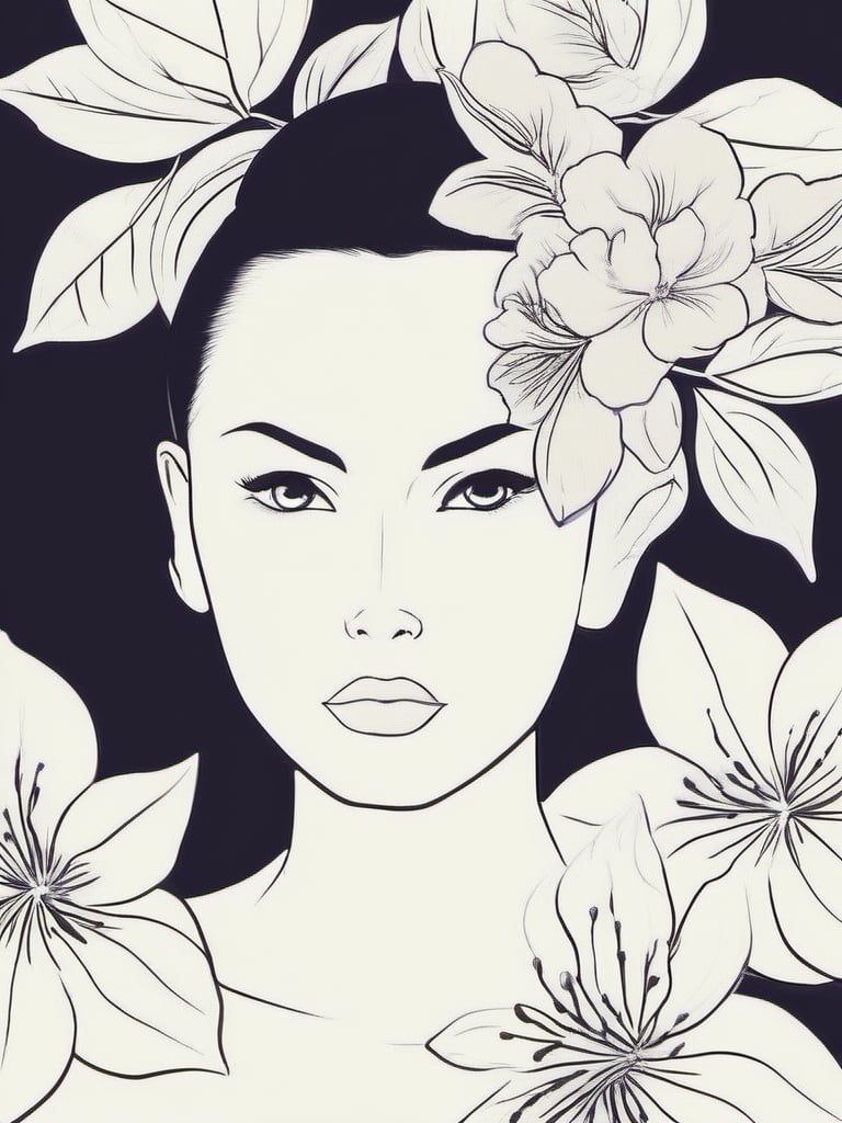 1NK , <lora:1NK:1>,black and white illustration of a young woman in a swimsuit. She is standing with her back to the viewer, facing away from the camera. Her hair is styled in a high bun and she has a serious expression on her face. The background is filled with various flowers and leaves, creating a floral and leafy atmosphere. The overall style of the illustration is sketchy and minimalistic.