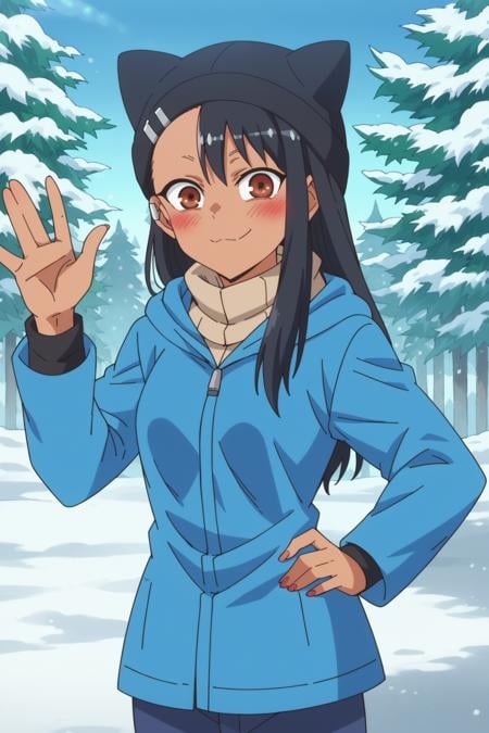 score_9, score_8_up, score_7_up, source_anime, <lora:nagatoro-multi-outfit_epoch_8:1> nagatoro hayase, outfit-ski, blush, snow, solo, sky, closed mouth, dark skin, brown eyes, tree, bangs, dark-skinned female, black hair, blue coat, animal hat, winter, black beanie, 1girl, outdoors, looking at viewer, hat, long sleeves, long hair, jacket, hood, day, waving, happy, hand on own hip, 