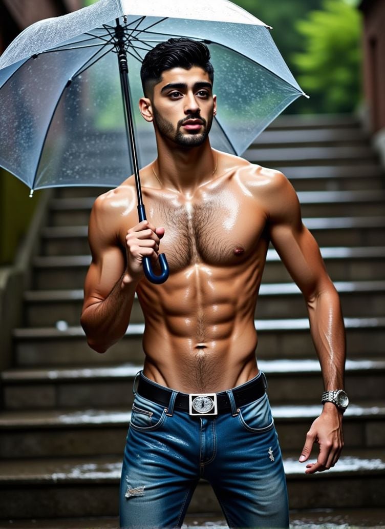 Zayn Malik ,  stands on a large stone staircase,  the rainwater cascading on the steps. He holds a transparent umbrella in...
