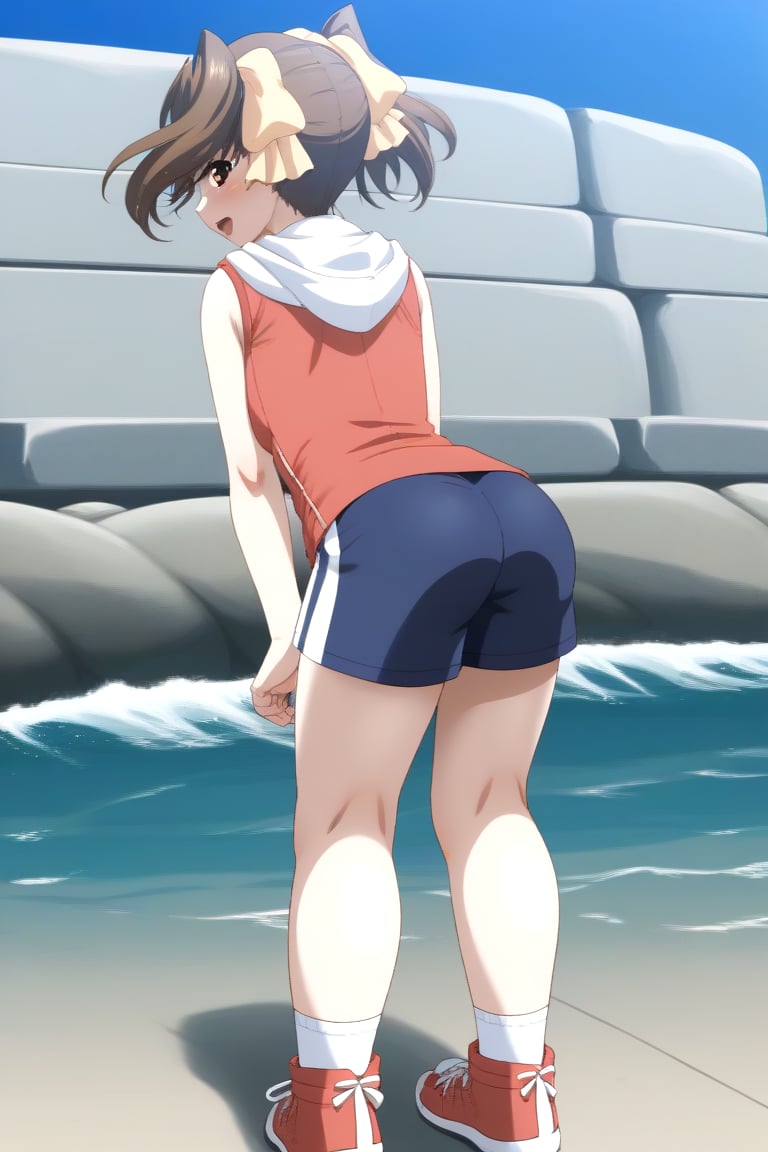 HD, 8k, highres, mantialiasing, Highly detailed, High Quality, masterpiece, beautiful, source_anime, BREAK sea lighthouse, stones near the coast,BREAK 1girl, solo, (feminine focus, young woman, 16 years old), Karen Katou, short hair, brown hair, brown eyes, ribbon, twintails, hair ribbon,BREAK ((hood, hoodie)), sleeveless, short sneakers,BREAK looking_back, from_behind, leaning_forward, open_mouth, Focus ass, back_view<lora:EMS-454882-EMS:1.000000>