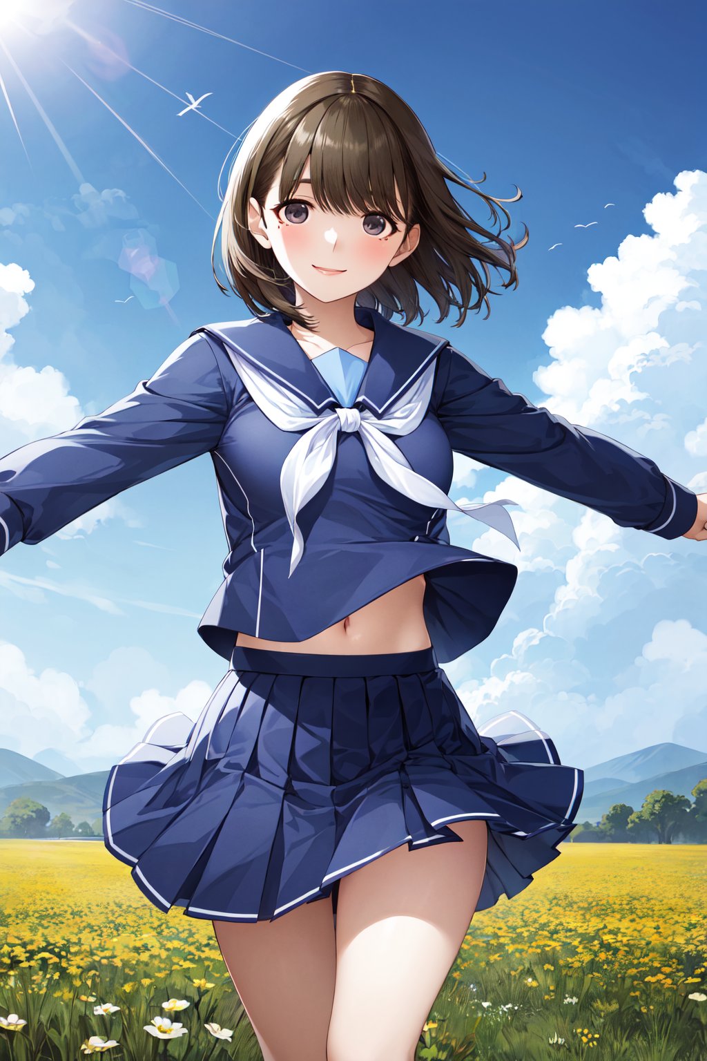 masterpiece, best quality, highres, aanene, short hair, blue serafuku, blue shirt, long sleeves, blue sailor collar, white neckerchief, pleated skirt, blue skirt, <lora:anegasaki_nene_v1:0.7>, smile, outstretched arms, blue sky, flower, field, 