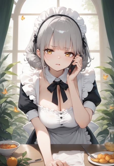 score_9, score_8_up, score_7_up, source_anime,1girl,solo,large breasts, maid headdress, maid, talking on phone ,smartphone, <lora:talkingonphone_Pony_v1:0.8>from behind, feet out of frame, looking at viewer, gray hair, golden eyes,frown, fairyland, open mouth, tired hair,,