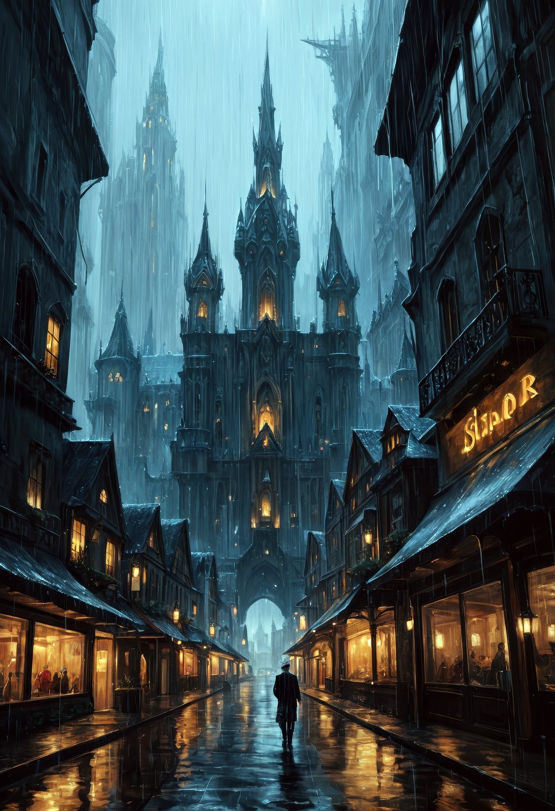 score_9, score_8_up, score_7_up, a fantasy city built within a vast cave, sleek glass buildings, elegant walkways between towers, illustration, raining, dark and moody lighting, digital art, oil painting, fantasy, 8 k, trending on artstation, detailed