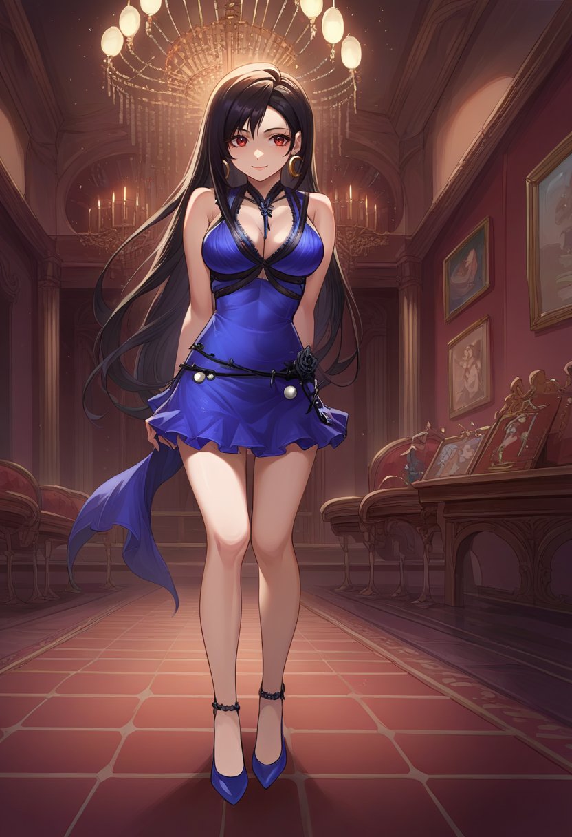 score_9, score_6_up, source_anime, 1girl, solo, chandelier, indoors, full body, tifa_refined, long hair, blue dress, short dress, bare shoulders, cleavage, crescent earrings, high heels, light smile <lora:tifaXL:1>