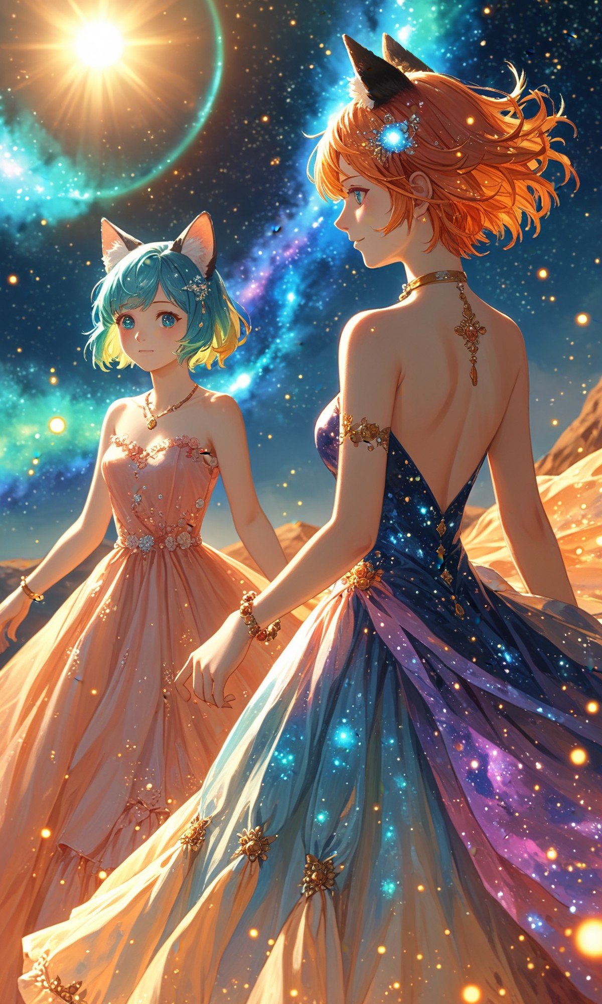 (masterpiece, best quality, very aesthetic, ultra detailed), score_9, score_8_up, score_7_up,  (2girls) in dress, animal ears, short hair, colored hair, blush, jewelry,bracelet,glowing,necklace, supernatural and quixotic structures,jagged rock formations,biomorphic,nebula,ethereal,dappled light,black,teal,purple, sunlight, outdoors, detailed, intricate, absurdres,  <lora:绪儿XL 丝路流光﷿ XUER Silk Road glowing dress:1>, XUER Silk Road glowing dress,  <lora:MJ52:0.7>