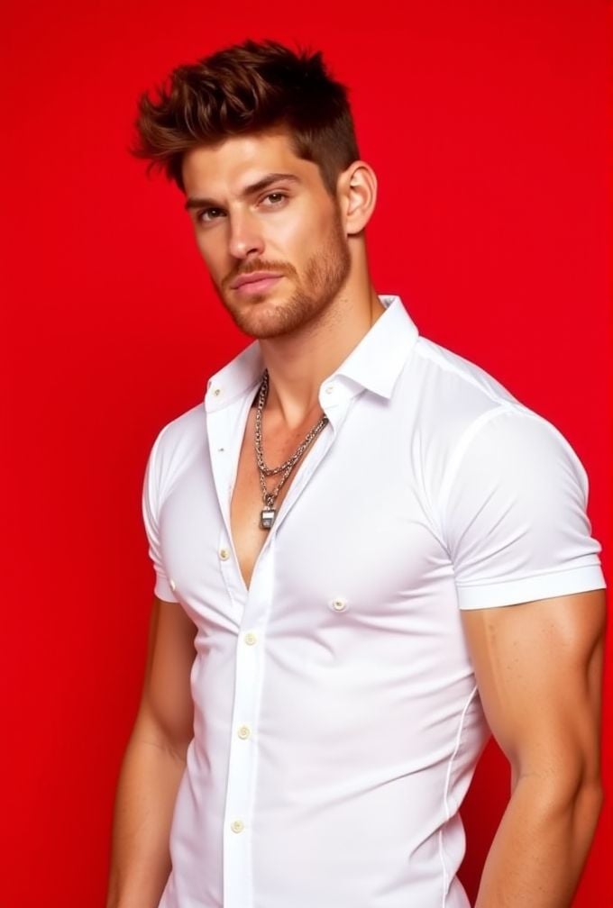 Ken Bek ,  The image is a high-resolution photograph,  standing against a solid red background. wavy hair styled to the si...