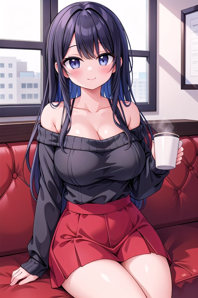 insanely detailed, absurdres, ultra-highres, ultra-detailed, best quality,1girl, solo, nice hands, perfect hands,BREAKwearing sweater, off shoulder sweater, one piece sweater, sweater with long sleeves, bare shoulder, collarbone, red skirtBREAKhappy smile, laugh, closed mouth,sitting, holding coffee cup,45 angle, cowboy shot, looking at viewerBREAKslender, kawaii, perfect symmetrical face, ultra cute girl, ultra cute face, ultra detailed eyes, ultra detailed hair, ultra cute, ultra beautiful,BREAKindoors, in coffee shopBREAKlarge breasts, black hair, long hair, black eyes