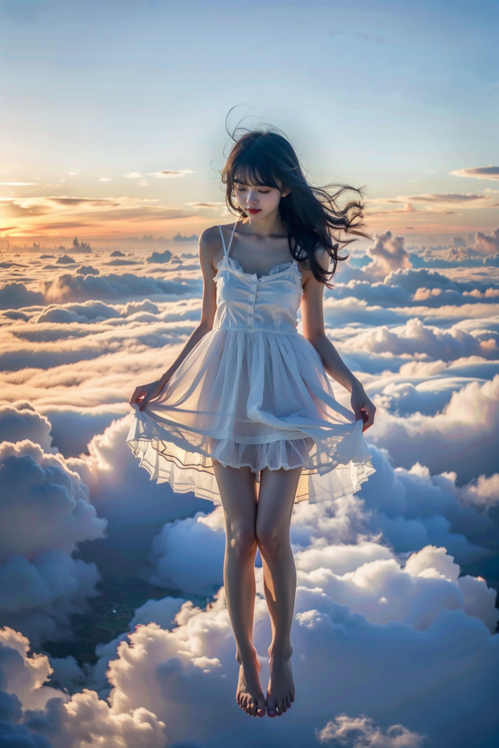 masterpiece,best quality,1girl, above clouds, solo, long hair, black hair, dress, sky, full body, barefoot, cloud, day, cloudy sky, white dress, floating, realistic, sundress <lora:CloudPhotography_v1_wd14:0.7>