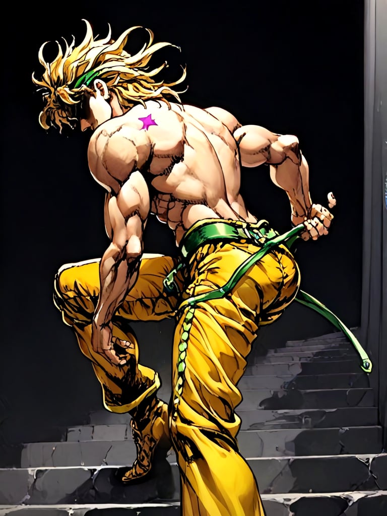 ((black background)), close-up, dio_brando's_pose_\(jojo\), birthmark \(joestar\), ear birthmark, looking at viewer, jojo pose, stepped on staris, night, wind, indoors, vampire, off shoulder, blonde hair, headband, green belt, yellow pants, topless male, muscular male, narrow waist, evil smile, bare back. shaded face, looking back, full body, <lora:dioandhisstarbirthmark_pony:1>