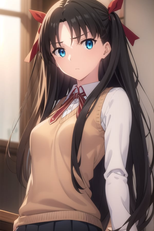 rintohsaka, <lora:rin tohsaka ubw-lora-nochekaiser:1>, rin tohsaka, aqua eyes, (black hair:1.5), hair ribbon, long hair, ribbon, sidelocks, two side up, (parted bangs:1.5),BREAK (brown sweater vest:1.2), collared shirt, homurahara academy school uniform, neck ribbon, red ribbon, ribbon, school uniform, shirt, sweater vest, white shirt,BREAK indoors, classroom,BREAK looking at viewer, (cowboy shot:1.5)BREAK <lyco:GoodHands-beta2:1>, (masterpiece:1.2), best quality, high resolution, unity 8k wallpaper, (illustration:0.8), (beautiful detailed eyes:1.6), extremely detailed face, perfect lighting, extremely detailed CG, (perfect hands, perfect anatomy),