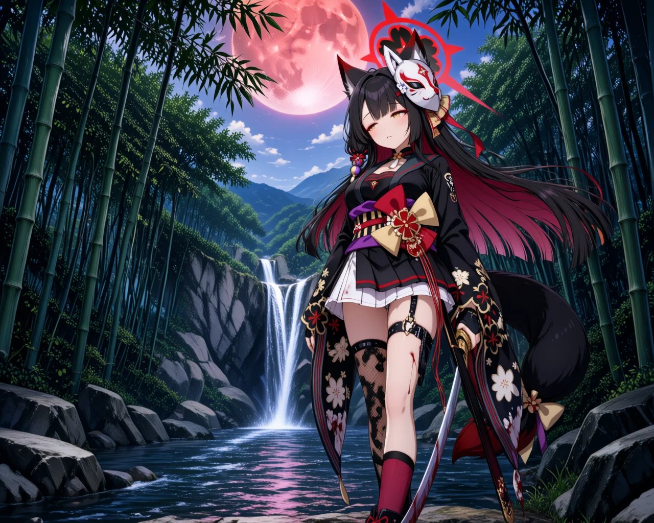 A bamboo grove with a waterfall and a flowing river.1girl,  wakamo \(blue archive\),  mask on head by miaomiao on Tensor.Art