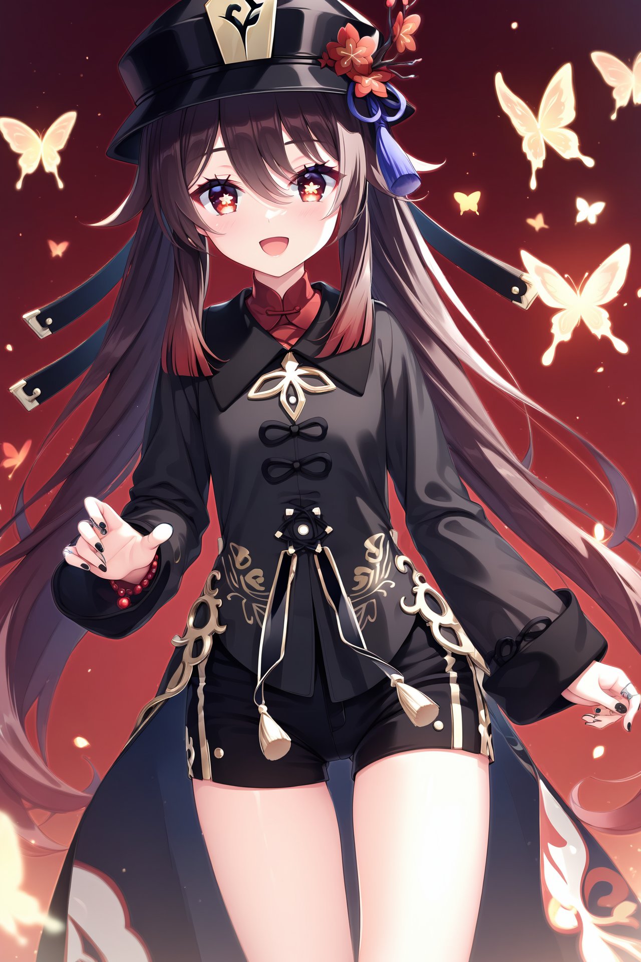 (masterpiece),(best quality),illustration,ultra detailed,hdr,Depth of field,(colorful),1girl,hu tao (genshin impact),solo,brown hair,hat,looking at viewer,shorts,long hair,symbol-shaped pupils,butterfly,bug,twintails,long sleeves,red eyes,open mouth,smile,black nails,black headwear,black shorts,flower,nail polish,thighs,short shorts,red background,hat flower,flower-shaped pupils,hair between eyes,very long hair,coattails,thigh gap,