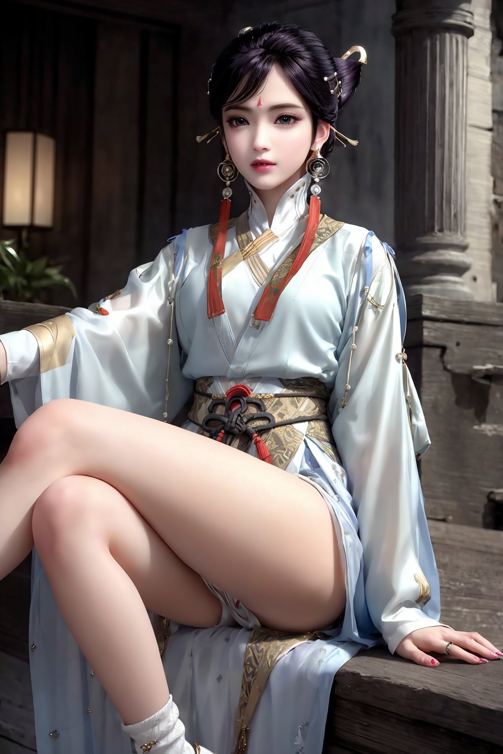 sitting, (crossed_legs), dress, chinese_clothes, long_sleeves, detached_sleeves, wide_sleeves,  hanfu, looking_at_viewer (8k, RAW photo, best_quality),(highly_detailed),(masterpiece:1.2),(ultra-detailed),(extremely_detailed_cg_8k_wallpaper),(realistic:1.2),(photorealistic:1.3),(scenery, east_asian_architecture, potted_plant, plant),1girl, solo, green_eyes, black_hair, long_hair, hair_ornament, bangs, forehead_mark, facial_mark,  eyeshadow, eyelashes, jewelry, earrings, makeup,  white_legwear,fingernails,  (perfect_finger),medium_shot,(texture_skin:1.3),(shiny_skin:1.4),<lora:syqiangk_加强_重置_须L犀_C9_5.2:0.8>,