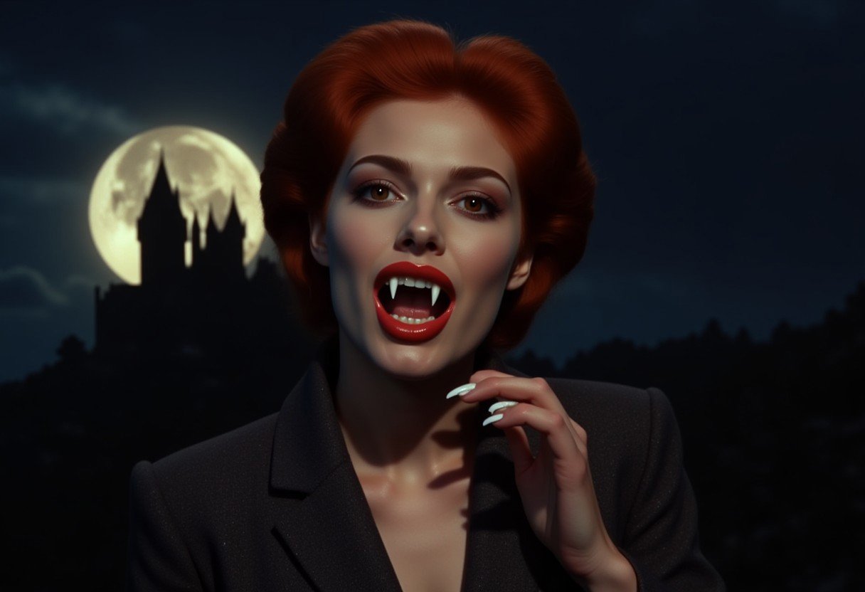 Vampyfangs1. a film still photo. 35mm. 4k. From a 1980s movie. a ginger red-haired vampire woman with a pixie cut is showing off her fangs, she is at a castle, wearing a vintage suit. Night. Full Moon. Dramatic lighting. Noir.