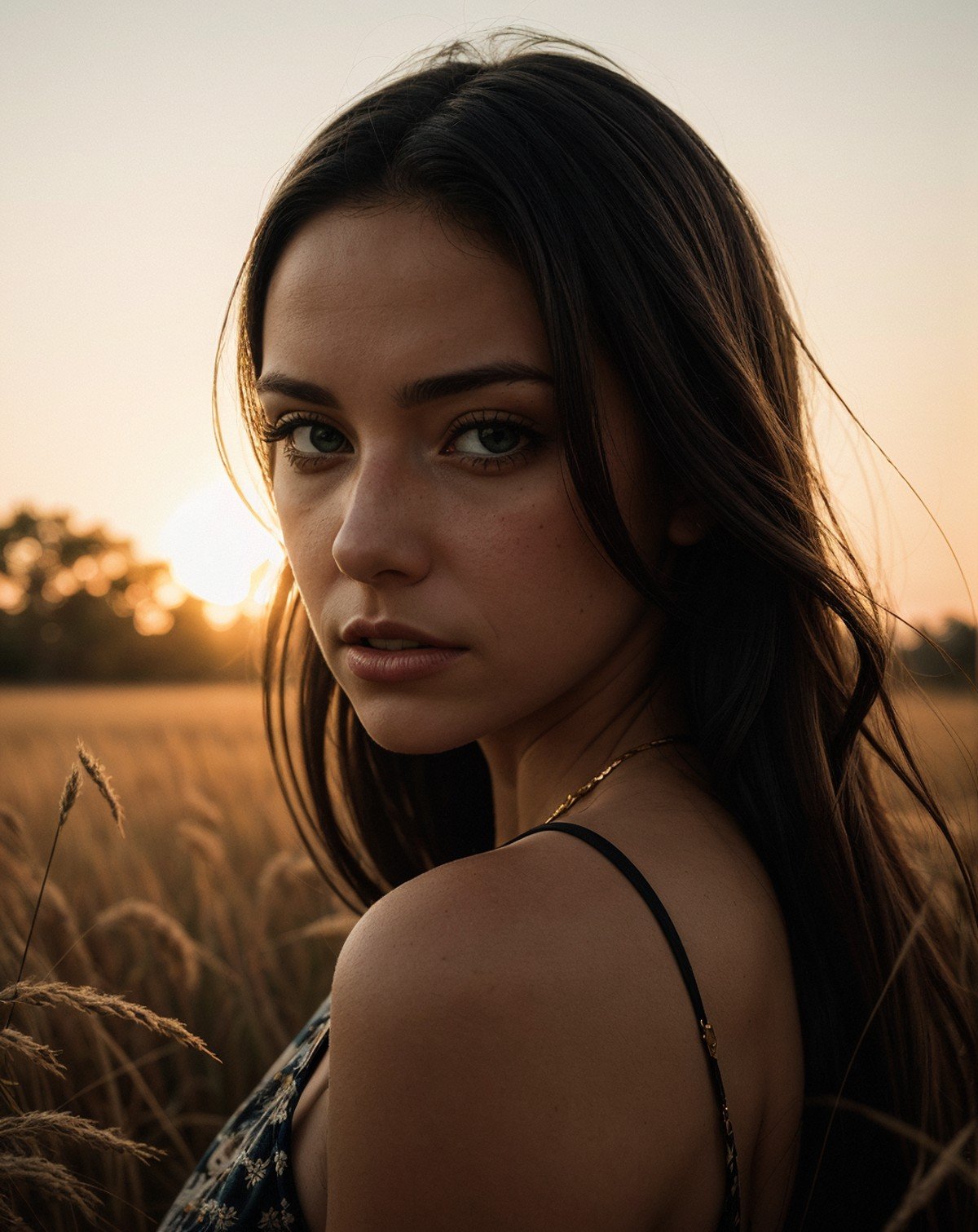 A photograph of a woman in a grassy field, golden hour, cinematic, sharp focus, intricate, dramatic light, (abstract narrative:1.1), Canon EOS 5D Mark IV, high emotional impact, experimental photography