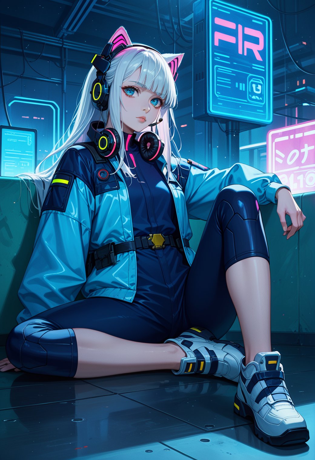 score_9,score_8_up,score_7_up,masterpiece,best quality,8k,dramatic lighting,cold colors,1girl,animal ears,Waist bag,bangs,cat ear headphones,cat ears,cyberpunk,headphones,headset,Combat clothing,Sitting posture,Luminous,Multi light source clothing,indoor,Oblique lateral body,full body,science fiction,Luminous clothing,Future technological background,jacket,lips,long hair,looking at viewer,neon lights,night,shoes,sitting,solo,white footwear,white hair,glowing,