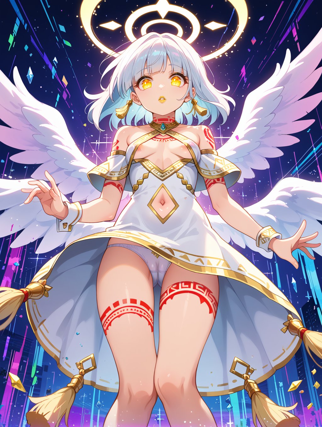 score_9, score_8_up, score_7_up,source_anime,1girl, angel, 3 pairs of angel wings, flat breasts, white hair, halo, yellow eyes, glowing eyes, gold lips, slightly parted lips, neck line, cleavage, short white dress, breast_curtains, underboob, bare shoulder, navel cutout, hip cutout, upskirt, white panties, gold wrist cuffs, tassels, cameltoe, floating, hovering, straight legs, arms spread, low angle, top of modern city, glitch, glitching, glitching over wings, glitching background, thigh tattoos, boobs tattoo, tribal tattoos, nipple slip, large areola, nipples,