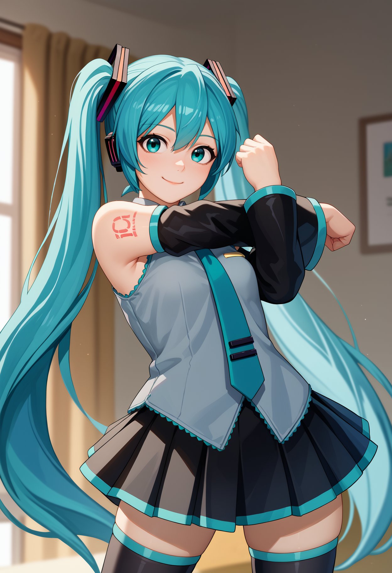 score_9, score_8_up, score_7_up, source_anime, <break> solo, 1girl, hatsune miku, light smile, looking at you, standing, cross-body stretch, stretching, aqua hair, twintails, aqua eyes, grey shirt, sleeveless shirt, aqua necktie, black sleeves, detached sleeves, black skirt, black thighhighs<segment:yolo-face_yolov8m.pt,0.4,0.5//cid=1>