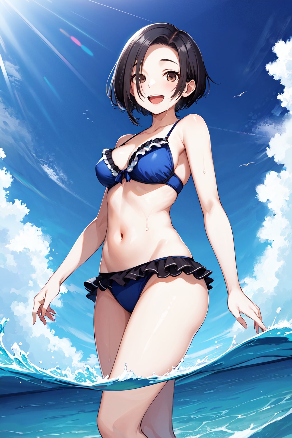 masterpiece, best quality, highres, aarinko, aarinko, short hair, black hair, bob cut, <lora:kobayakawa_rinko_v1:0.7>, frilled bikini, smile, open mouth, wet, ocean, partially submerged, cowboy shot, blue sky