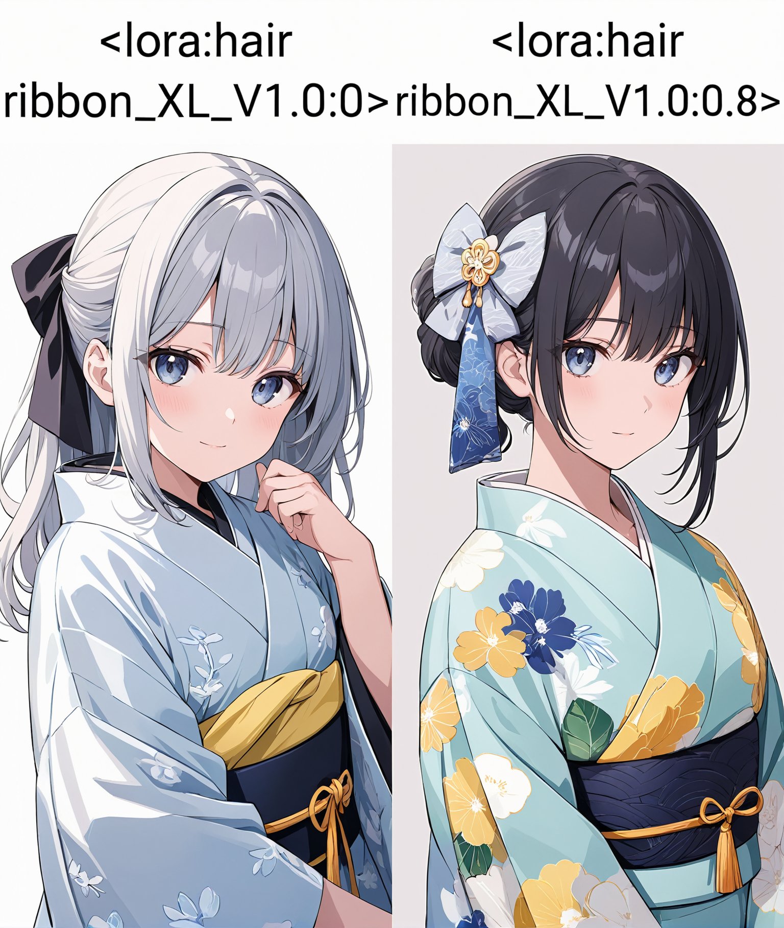 masterpiece,ultra-detailed,best quality,8K,illustration,cute face,clean skin ,shiny hair,girl,ultra-detailed-eyes,simple background, source anime<lora:add-detail-xl:1> <lora:hair ribbon_XL_V1.0:0> hair ribbon,kimono,fom side