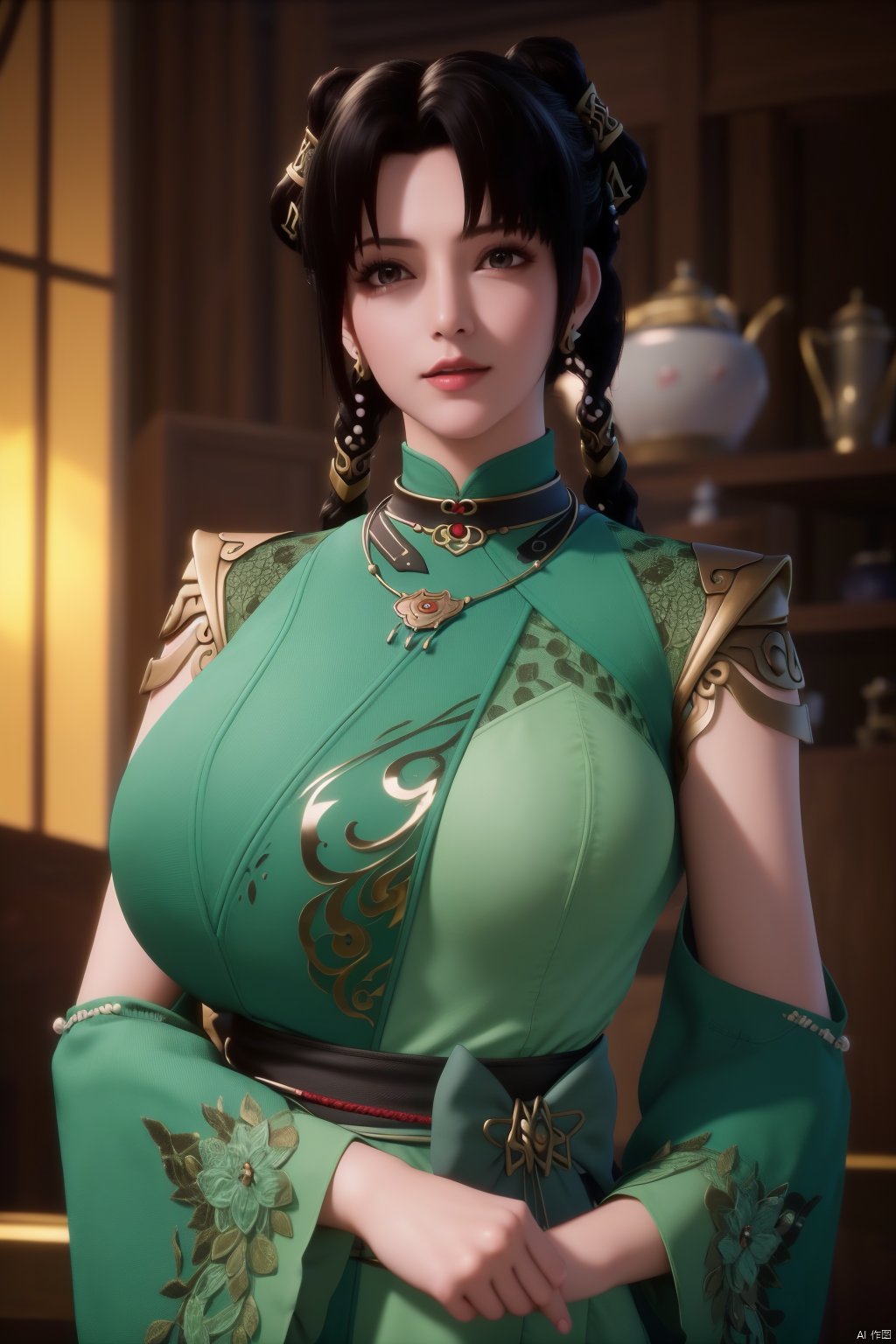 (8k, RAW photo, best quality, masterpiece:1.2), (realistic, photorealistic:1.3), ultra-detailed, extremely detailed cg 8k wallpaper, (crystalstexture skin:1.2), extremely delicate and beautiful,1girl,black hair,hair ornament,earrings,twintails,(big breasts),(looking at viewer:1.2),cowboy shot,chinese clothes,dress<lora:EMS-375084-EMS:-0.700000>, <lora:EMS-434956-EMS:0.750000>