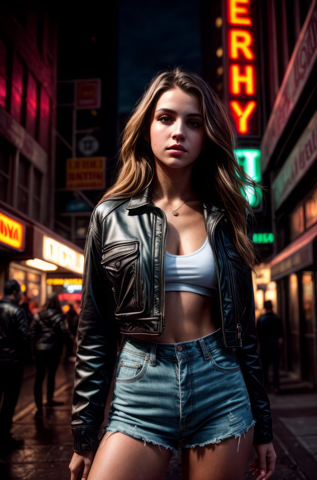 A tenacious girl lost in a bustling metropolis, weaving through crowded streets and dark alleyways, close up, Detailed clothes, green eyes, flowing hair, determined expression, shiny glossy skin, subsurface scattering, (sharp:0.7), [(colorful explosion psychedelic paint colors:1.21)::0.05], amazing fine detail, Nikon D850 film stock photograph Kodak Portra 400 camera f1.6 lens, rich colors, lifelike texture, dramatic lighting, urban environment, skyscrapers, neon signs, street vendors, dynamic composition, unreal engine, trending on ArtStation, cinestill 800 tungsten  <lora:more_details:1>