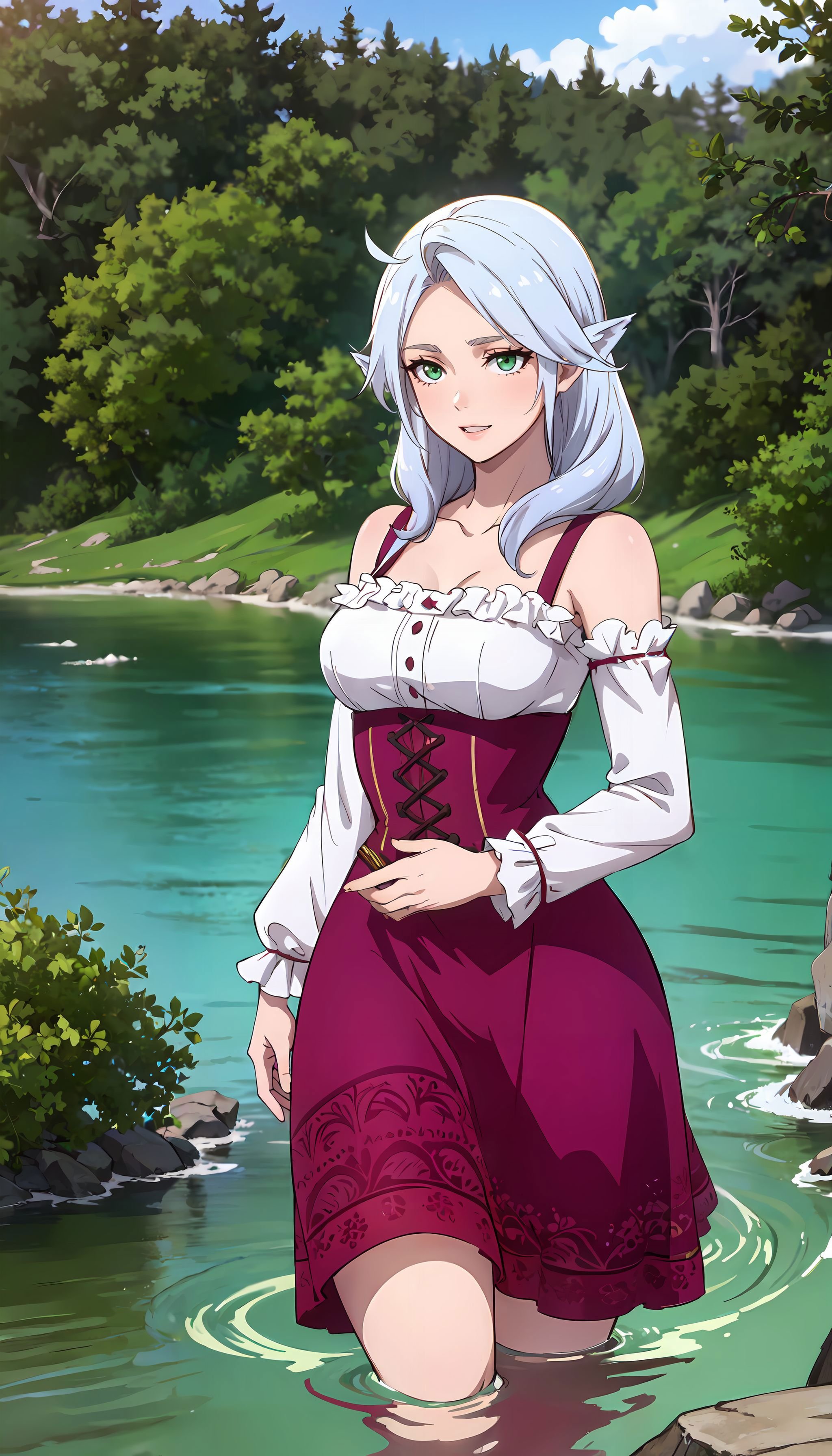 photorealistic, (4k), (Masterpiece), (realistic skin texture), extremely detailed, intricate, hyper detailed, high resolution, sharp detail, best quality, woman, purple dress, long white hair, animal ears, green eyes, cowboy shot,<lora:Mina_Fenrir_VRMMO-000003:0.8> , slouching  ,  <lora:GoodHands-vanilla:0.8> , <lora:detail_slider_v4:0.5> , by the river, walking in water,