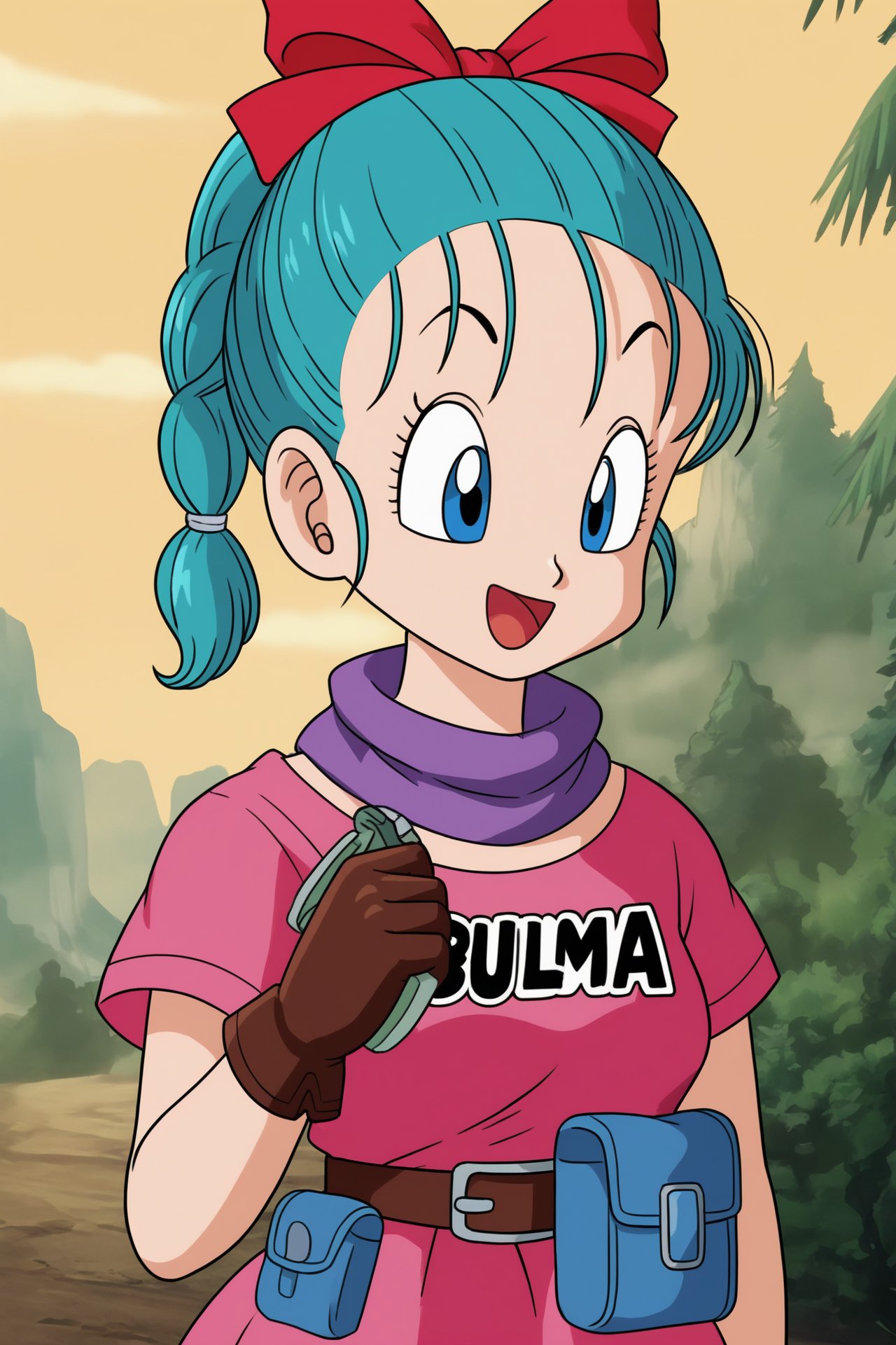 source_anime, score_9, score_8_up, score_7_up, anime screencap,  bulma \(dragonball\), 1girl, solo, smile, open mouth, blue eyes, gloves, ribbon, aqua hair, braided ponytail, hair ribbon, braid, :d, outdoors, sky, day, belt, character name, tree, single braid, bird, clothes writing, brown gloves, pouch, mountain, purple scarf, fanny pack, 1990s \(style\), arm at side, dragon radar, pink dress, forest, holding, looking at another, looking to the side, motor vehicle, pink dress, short sleeves, single glove, standing, upper body, tongue, raised eyebrows, eyebrows, eyelashes <lora:bulma_pony_v1:0.8>