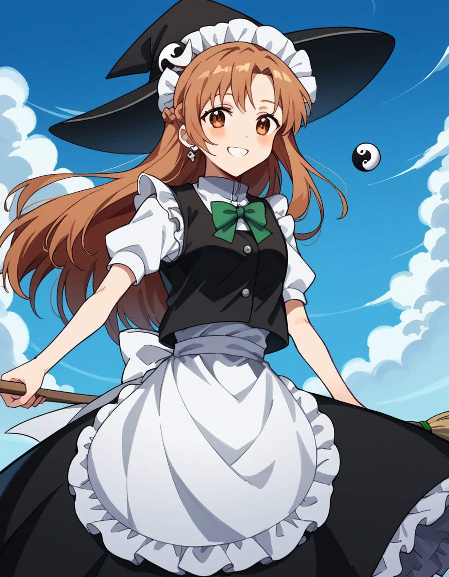 score_9, score_8_up, score_7_up, source_anime, asunayuuki, <lora:asuna-yuuki-s1-ponyxl-lora-nochekaiser:1>, asuna yuuki, long hair, brown hair, brown eyes,, <lora:kirisame-marisa-cosplay-ponyxl-lora-nochekaiser:1>, kirisamemarisacosplay, kirisame marisa \(cosplay\), apron, black dress, black hat, black vest, dress, earrings, frilled dress, frills, green bow, hat, jewelry, maid apron, shirt, short sleeves, vest, white apron, white bow, white shirt, witch hat, yin yang, yin yang orb,, outdoors, sky, blue sky, clouds, blush, broom, brood riding, smile,, cowboy shot, dutch angle, solo,