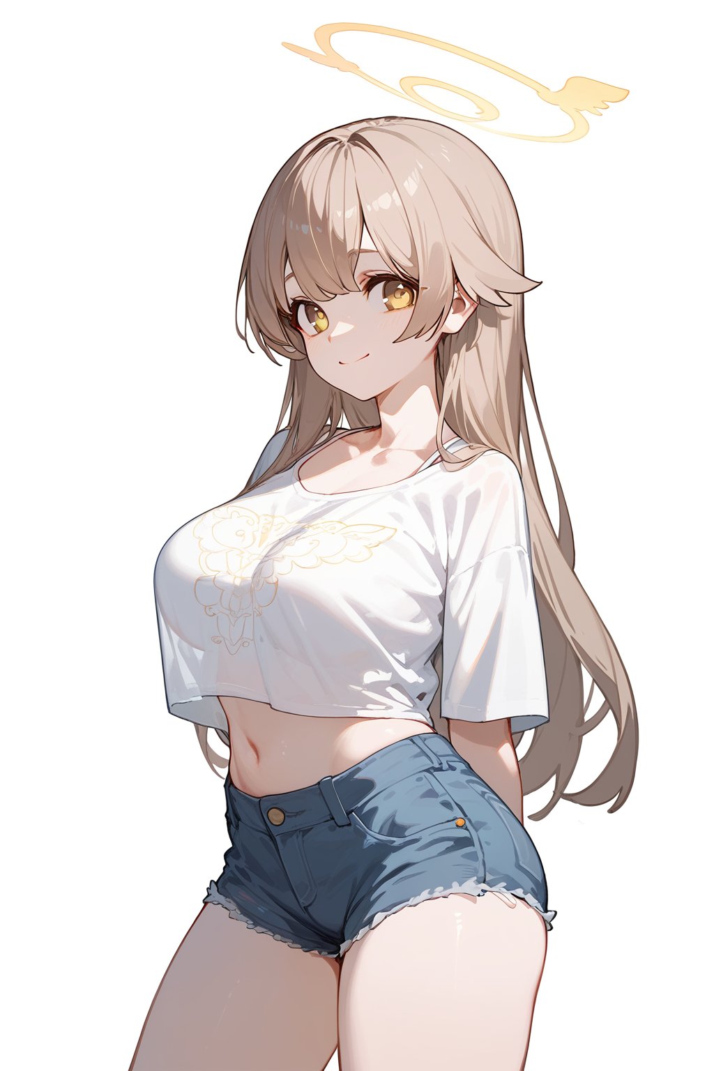 (score_9, score_8_up, score_7_up), hifumi-default,hifumi \(blue archive\),yellow eyes,light brown hair,long hair, yellow halo, white blouse, lace, denim shorts, grown up, large breast, white background, looking at viewers, standing, arms behind back, smile, closed mouth, cowboy shot, close up<lora:EMS-378099-EMS:1.000000>