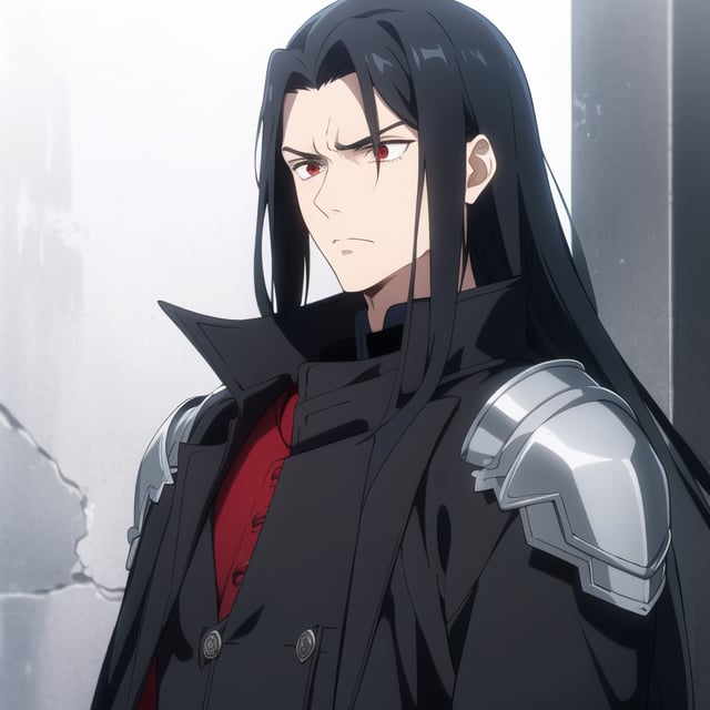 Male,  Silver shoulder pad,  straight black hair,  long hair, red eyes,  long black overcoat,  solo , metal shoulder pad,  serious look,  upper_body