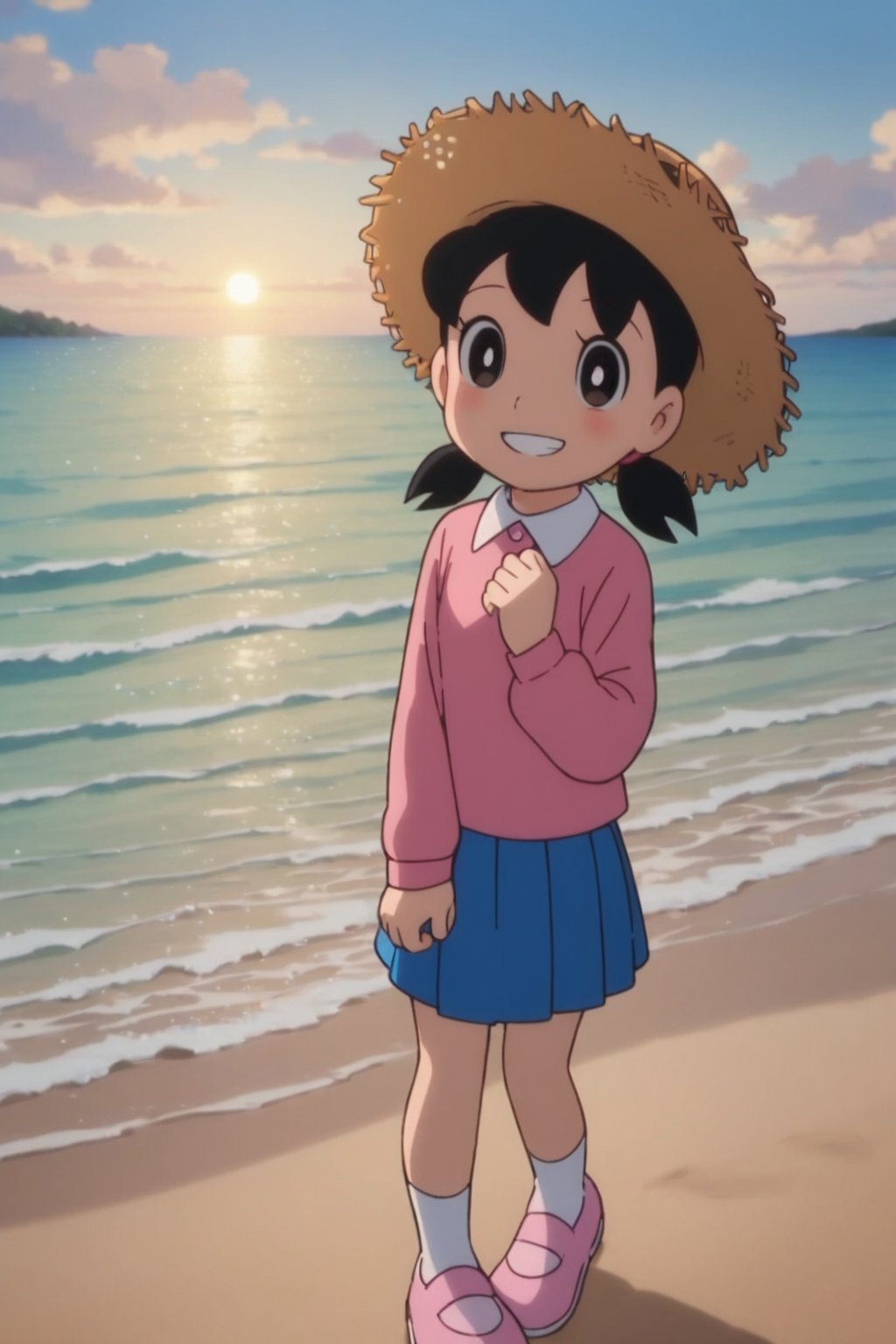 score_9, score_8_up, score_7_up, score_6_up, score_5_up, score_4_up, source_anime,minamoto sizuka,1girl, outdoors, hat, solo, skirt, twintails, black hair, socks, sky, shirt, blue skirt, beach, smile, day, cloud, shoes, black eyes, pink footwear, ocean, white socks, looking at viewer, long sleeves, pink shirt, blue sky, standing, full body, pleated skirt, bright pupils, short twintails, water, child, white pupils, collared shirt, blush, grin, straw hat, sun hat, hand up, low twintails,masterpiece, perfect face, best quality, beautiful girl, cute girl, beautiful eyes, shiny eyes, anime coloring, anime screencap, absurdres, award winning, full body, <lora:minamoto shizuka auti 912:0.8>