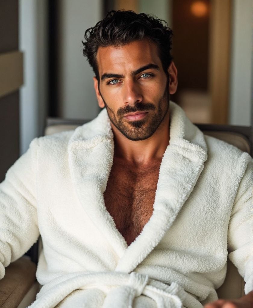 Nyle Dimarco ,  high-resolutiuon photograph,  wearing fitted fluffy white bathrobe. He is sitting on a chair in the spa ar...