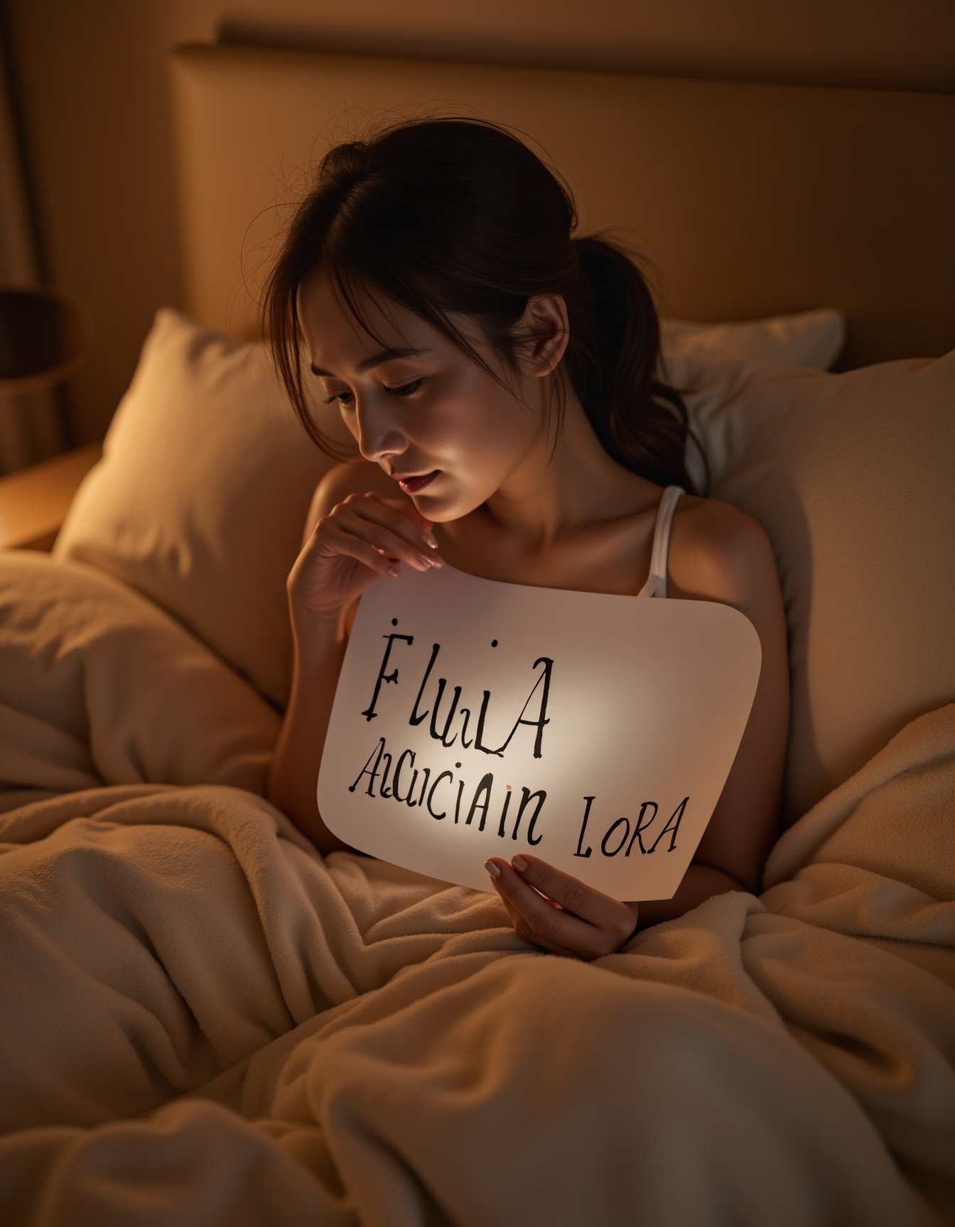 A woman sitting comfortably on a cozy bed, holding a piece of paper printed "FLUX ASIAN LORA" in bold and hand draw style. The setting is intimate and warm, with soft blankets and plush pillows surrounding her, creating a sense of relaxation and comfort. She gazes thoughtfully at the paper, her expression a mix of contemplation and curiosity. The room is softly lit, with warm, ambient lighting that enhances the serene atmosphere, casting gentle shadows that add depth to the scene. The overall mood is peaceful and introspective, with the focus on the woman and the mysterious message on the paper, inviting the viewer to wonder about its meaning, <lora:hinaFluxAsianMixLora_v2-rev4:0.9>