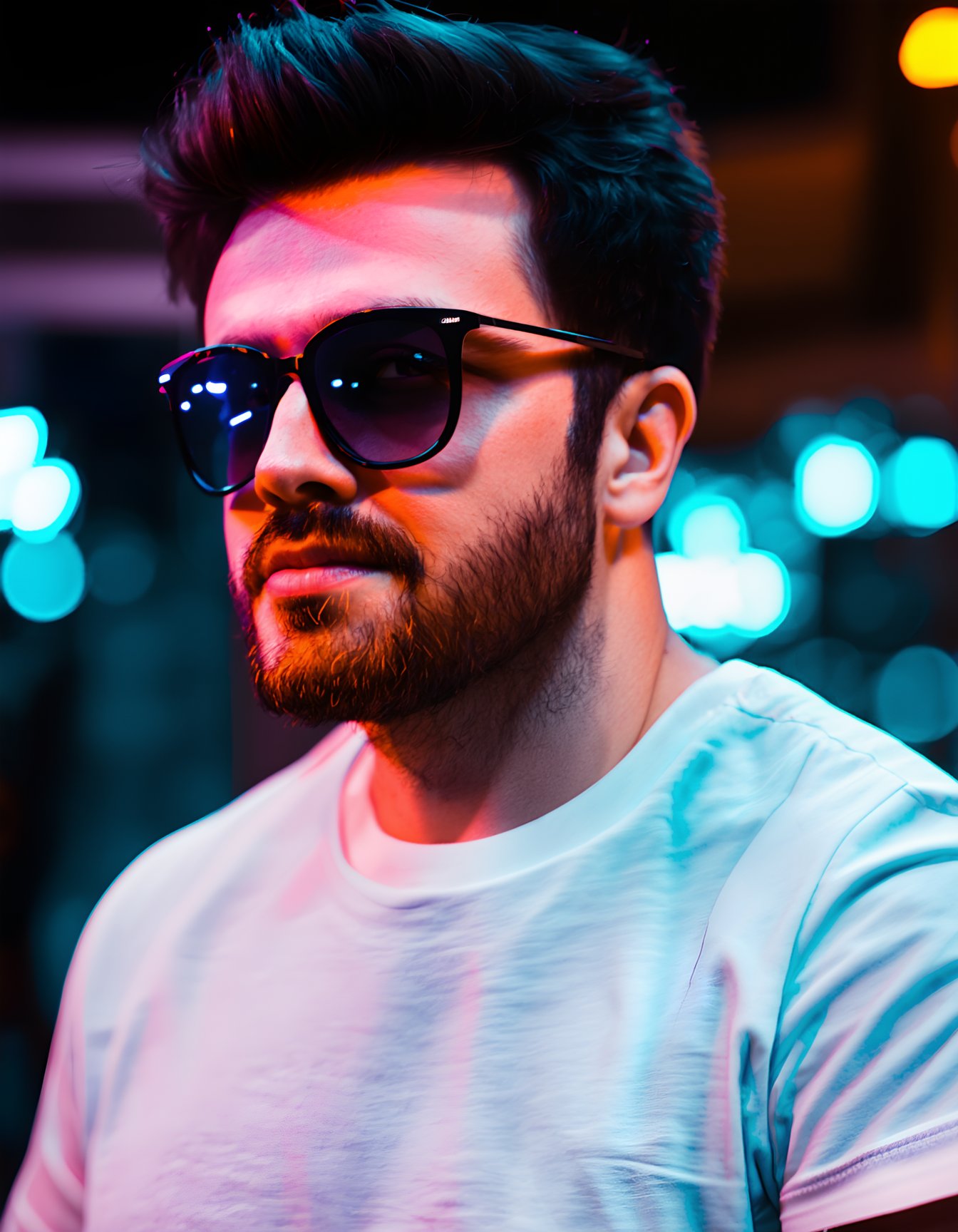 (best quality, 4k, 8k, highres, masterpiece), ultra-detailed, short hair, shirt, black hair, man, closed mouth, white shirt, upper body, male focus, glasses, blurry, blurry background, facial hair, night, sunglasses, t-shirt, beard, neon lights ,