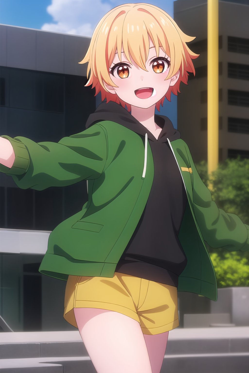 (masterpiece, best quality), highly detailed background, perfect lightingbest quality, saginumariko, solo, outdoors, city, blonde hair, orange hair, hair between eyes, streaked hair, short hair, orange eyes, small breasts, green jacket, open jacket, black hoodie, black sweater, long sleeves, yellow shorts, short shorts, smile, open mouth, :d, <lora:Saginuma-Riko:0.7>