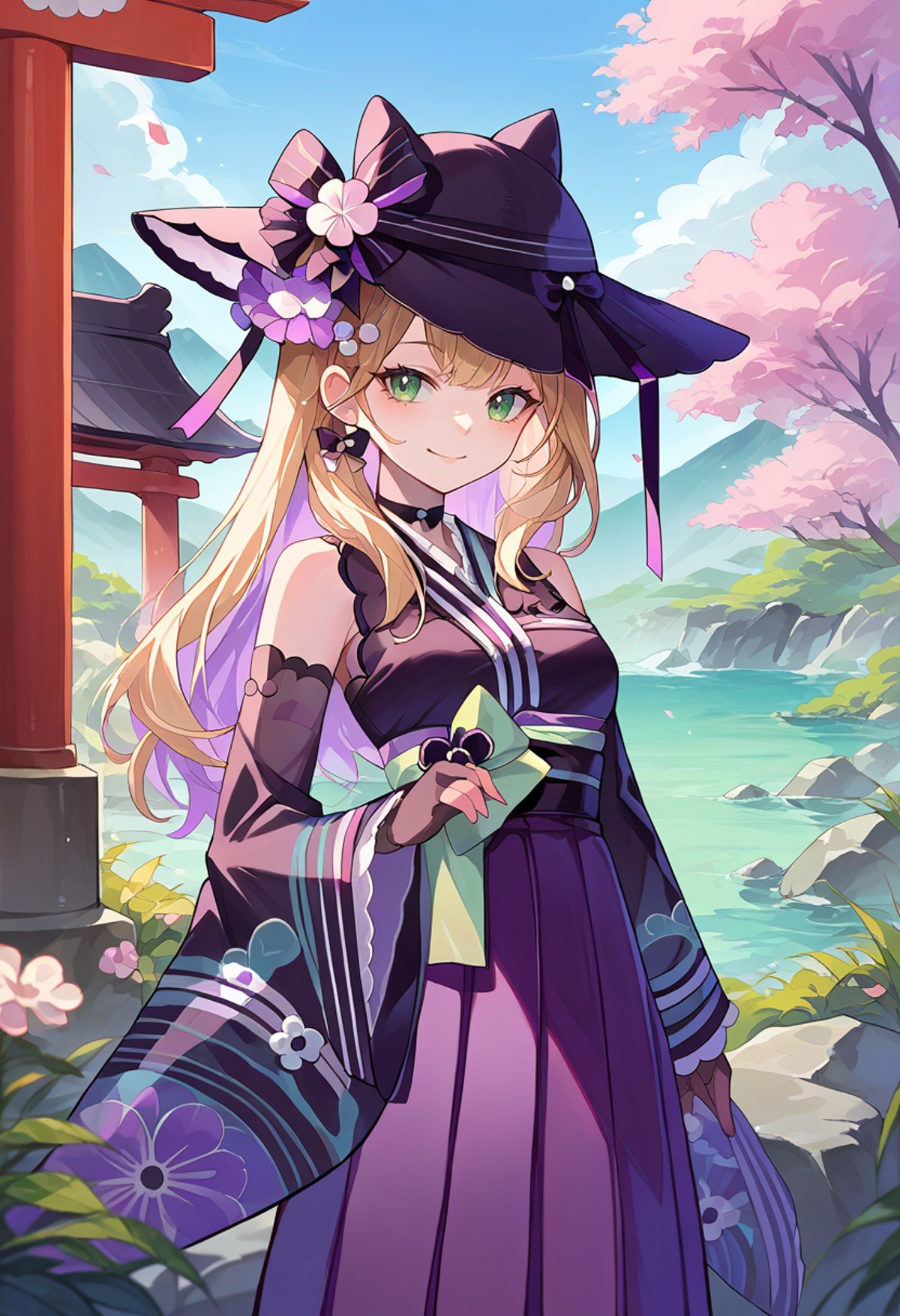 score_9, score_8_up, source_anime, 1girl, solo, NoahKimono, long hair, black hat, hat with ears, hat bow, hat flower, ribbon choker, black hakama, bare shoulders, green sash, wide sleeves, lace gloves, purple hakama skirt, outdoors, shrine, smile, <lora:ChamKurumiNoahPonyXL:1>