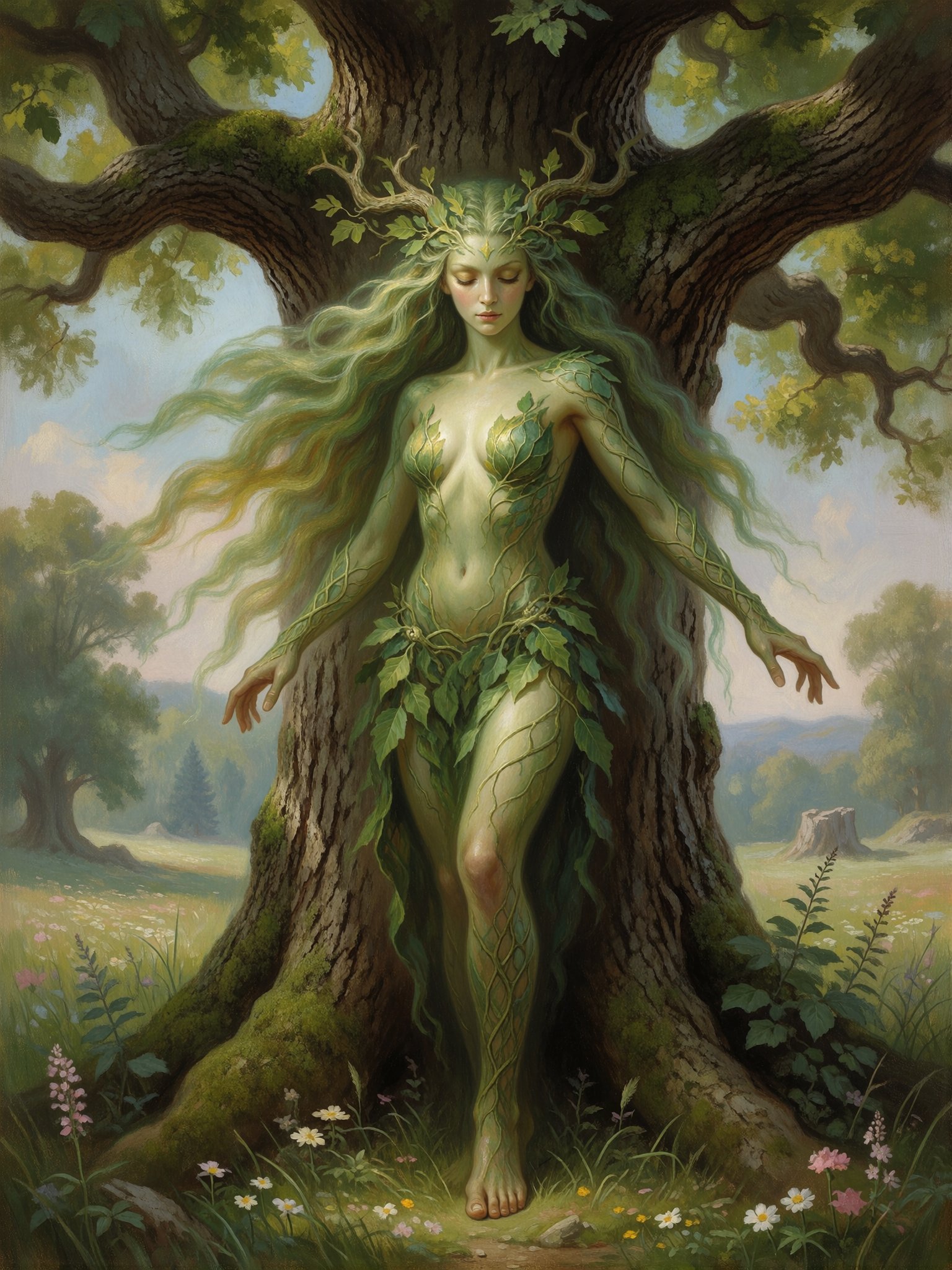 Fantasy dryad emerging from ancient oak tree,  flowing hair made of leaves and vines,  forest glade background by inknoir...