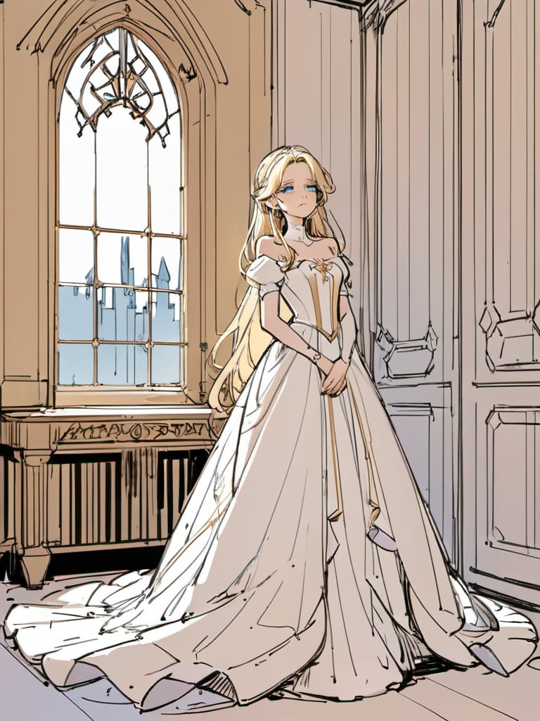 <lora:luXL毛躁手绘Fuzzylines_lora_resized:0.6>, fuzzylines, sketch, a beautiful queen is very sad and crying by the window in her room in the castle, luxury decoration, tears, pretty face, blonde hairs, fullbody,