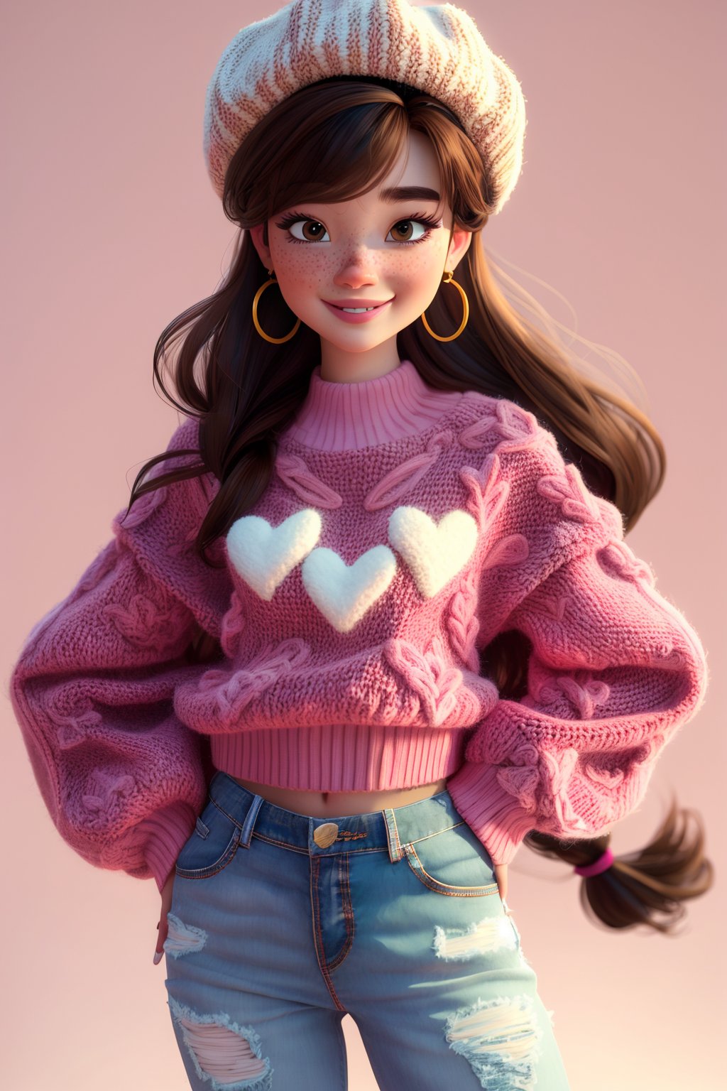 masterpiece,best quality,1girl, solo, long hair, looking at viewer, smile, simple background, brown hair, long sleeves, hat, brown eyes, jewelry, very long hair, heart, cowboy shot, earrings, pants, sweater, white headwear, pink background, freckles, hands on hips, jeans, hoop earrings, white pants, pink sweater, cable knit