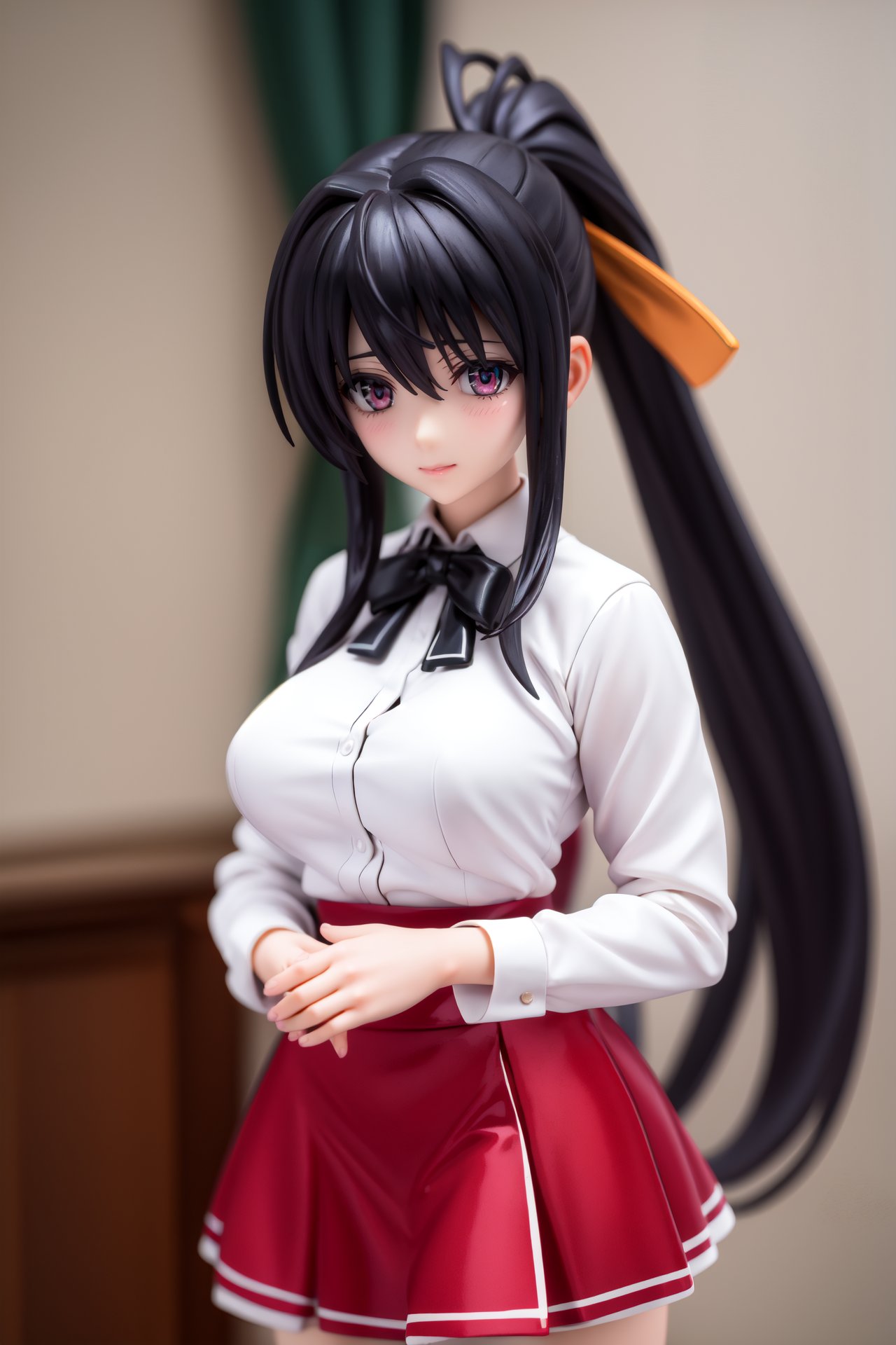 pvc style,akenohimejima, <lora:akeno himejima anime s1-lora-nochekaiser:1>,akeno himejima, long hair, black hair, ribbon, very long hair, (purple eyes:1.1), hair ribbon, ponytail, antenna hair, smile,BREAK skirt, school uniform, shirt, white shirt, capelet, black capelet, long sleeves, red skirt,BREAK indoors, classroom,BREAK looking at viewer, (cowboy shot:1.5),BREAK  (masterpiece:1.2), best quality, high resolution, unity 8k wallpaper, (illustration:0.8), (beautiful detailed eyes:1.6), extremely detailed face, perfect lighting, extremely detailed CG, (perfect hands, perfect anatomy),figma,full body, 