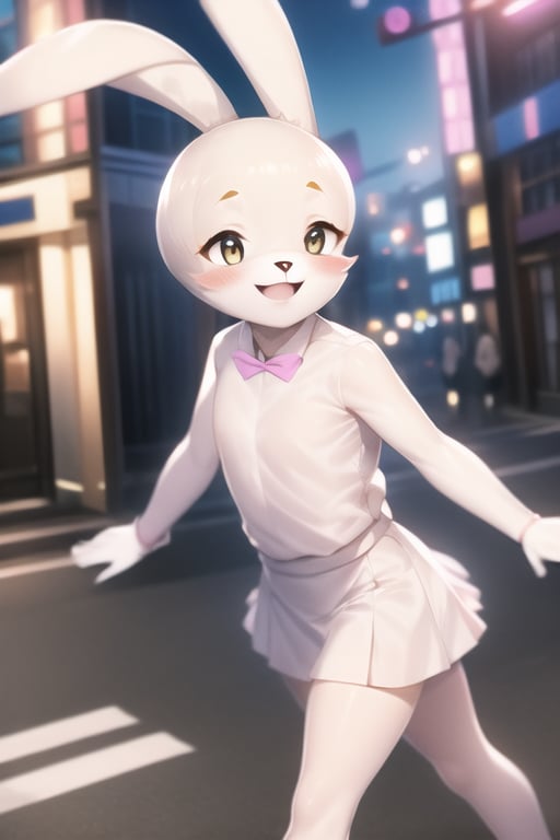 tsidoki, white eyes, rabbit ears, body fur, pink bowtie, white shirt, white skirt, smile, walking, city <lora:Doki-v2:1>