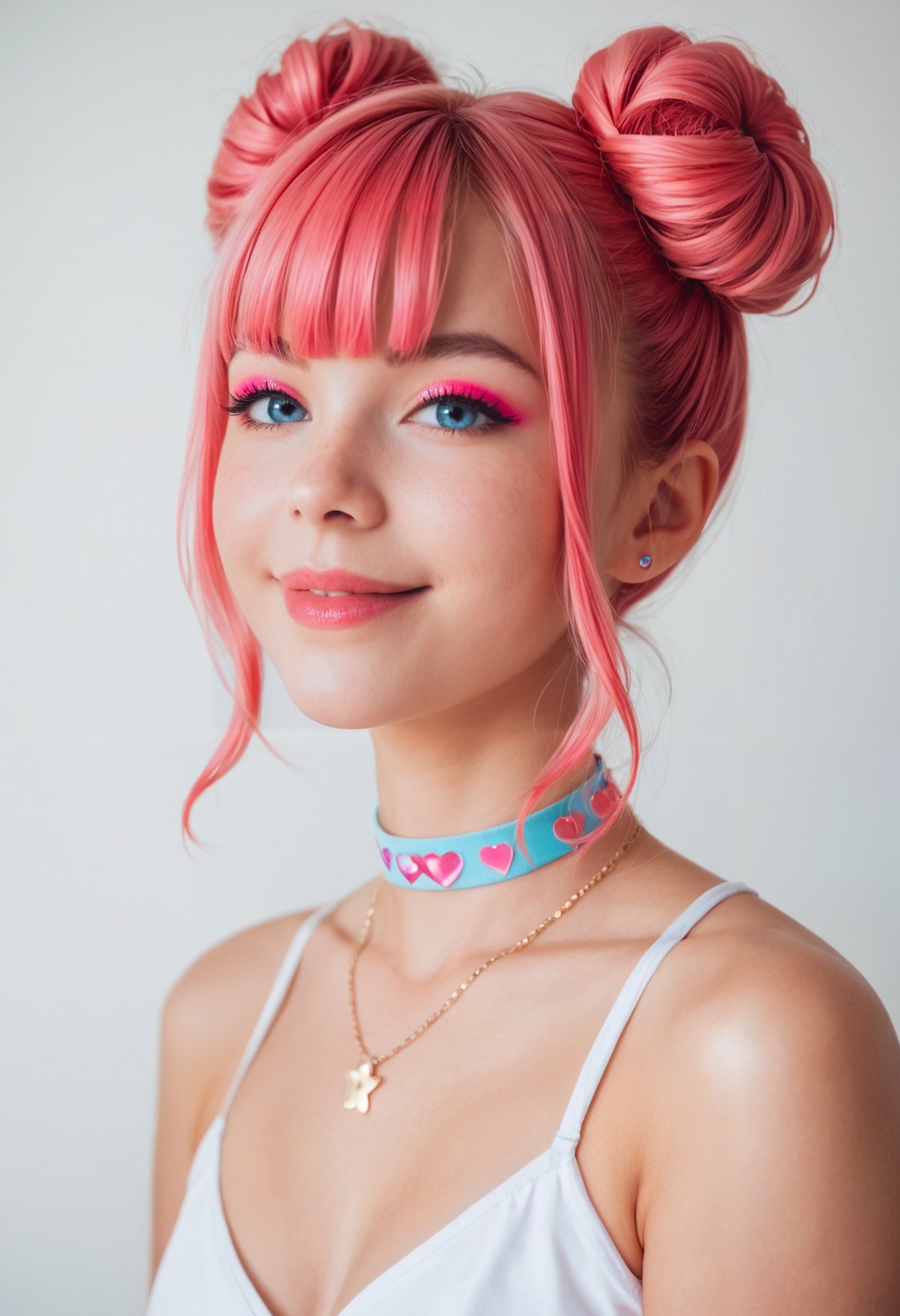 score_9, score_8_up, score_7_up, realistic lighting, photo, photorealistic, 1girl, pink hair, necklace, (bangs:1.1), side view, (detailed face and eyes:1.2), white background, perfect cute face, turning to look at viewer, vibrant colours, cocky smile, choker, (freckles:0.6), eyeshadow, pigtail buns, round face