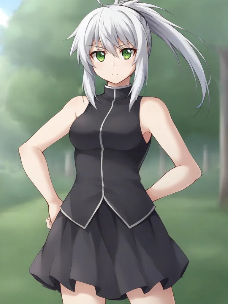 <lora:anerosecoutpony:0.8>1girl, solo, anerrolange, white hair, ponytail, green eyes, black shirt, sleeveless, black skirt, outdoors, standing, serious, looking at viewer, cowboy shot