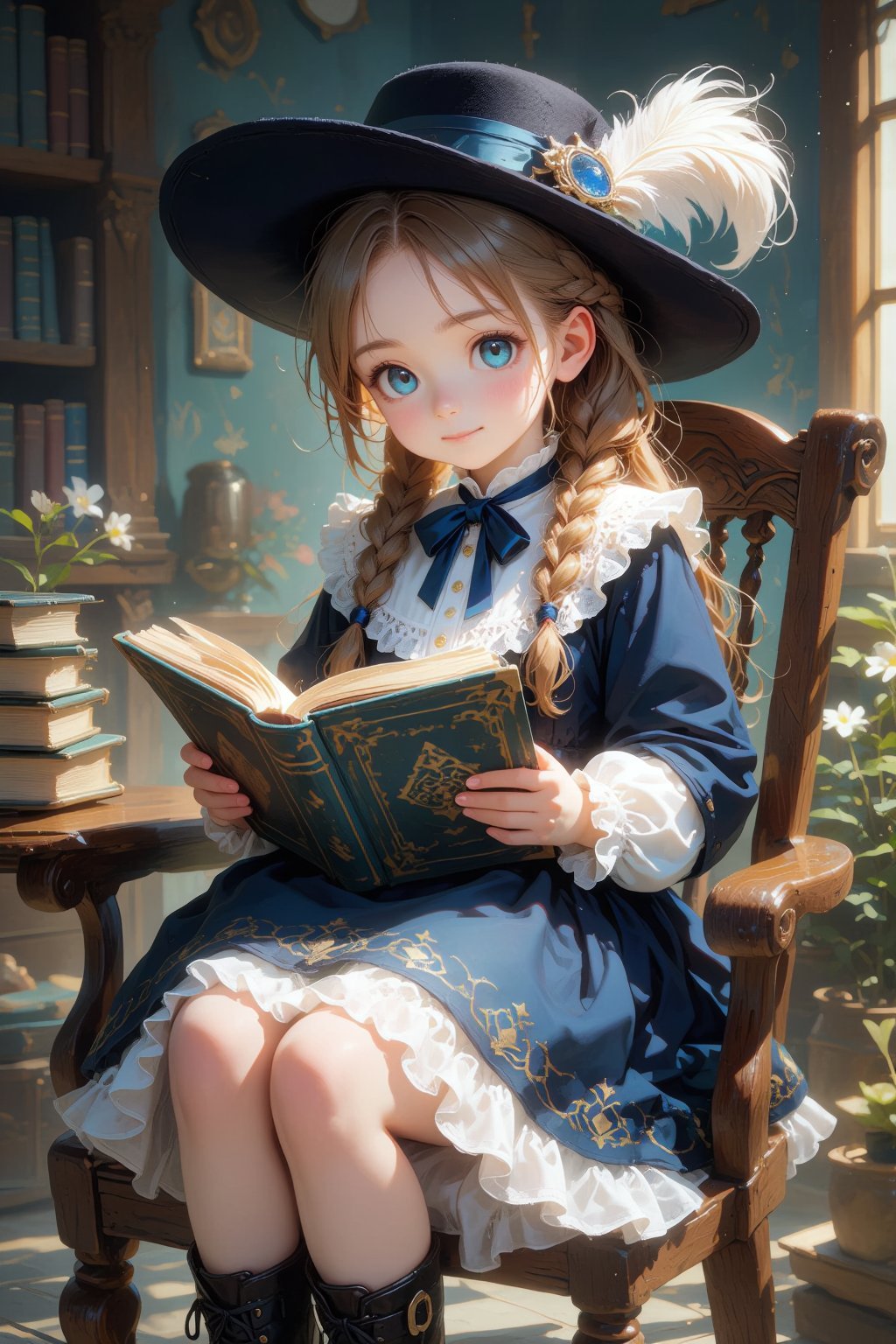 a cute girl sitting on a chair reading a book,  wearing a black hat with a white feather,  blue eyes by 天TIN on Tensor.Art