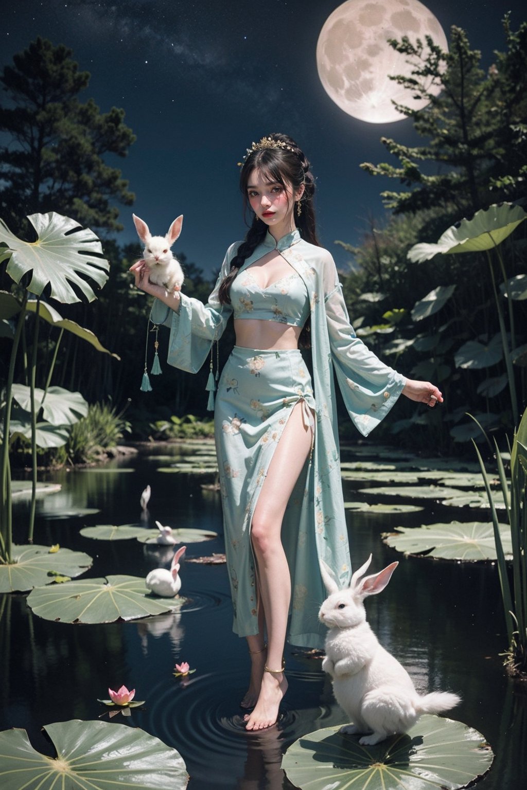 goddess zi on the moon flying near the pond with some lotus flowers, Holding a white rabbit,in the style of harmonious color palette, multilayered compositions, detailed character design, nightmarish illustrations, light amber and green, traditional costumes, vibrant murals<lora:人间蜜桃:0.35>