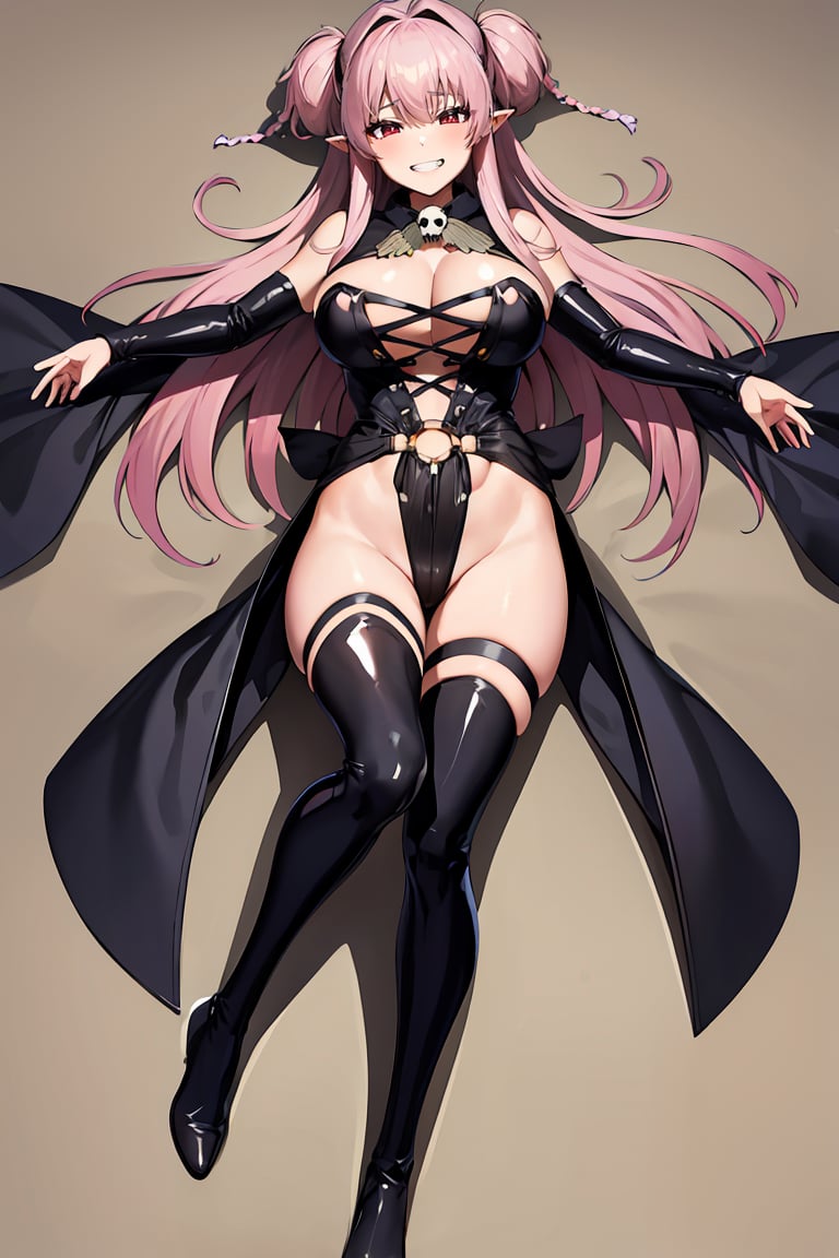 masterpiece, best quality, highres, <lora:Twiska:0.7>, twiska, long hair, two side up, pointy ears, large breasts, grin, black leotard, black collar, skull brooch, o-ring, detached sleeves, black thigh boots, lying, outstretched arms, on back